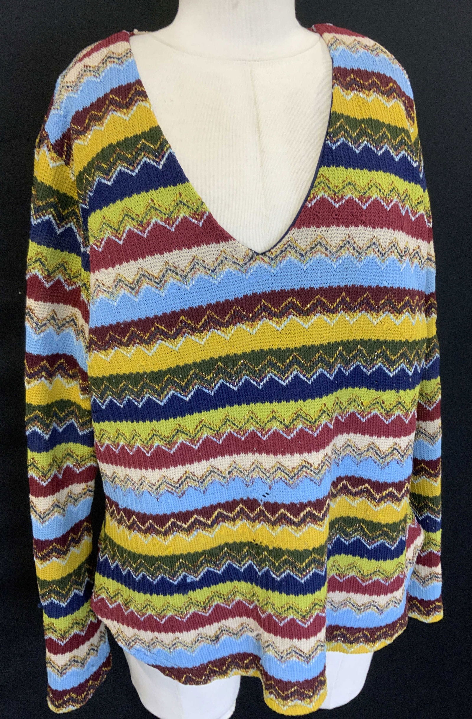 Venezia Jeans Zig Zag Sweater: Striped zig zag pattern knit sweater by Venezia Jeans. Size 18/20. Polyester spandex and nylon. Flared sleeves. A few pulled threads. A few holes need mending. Sweater, Designer Venezia Jeans, vintage