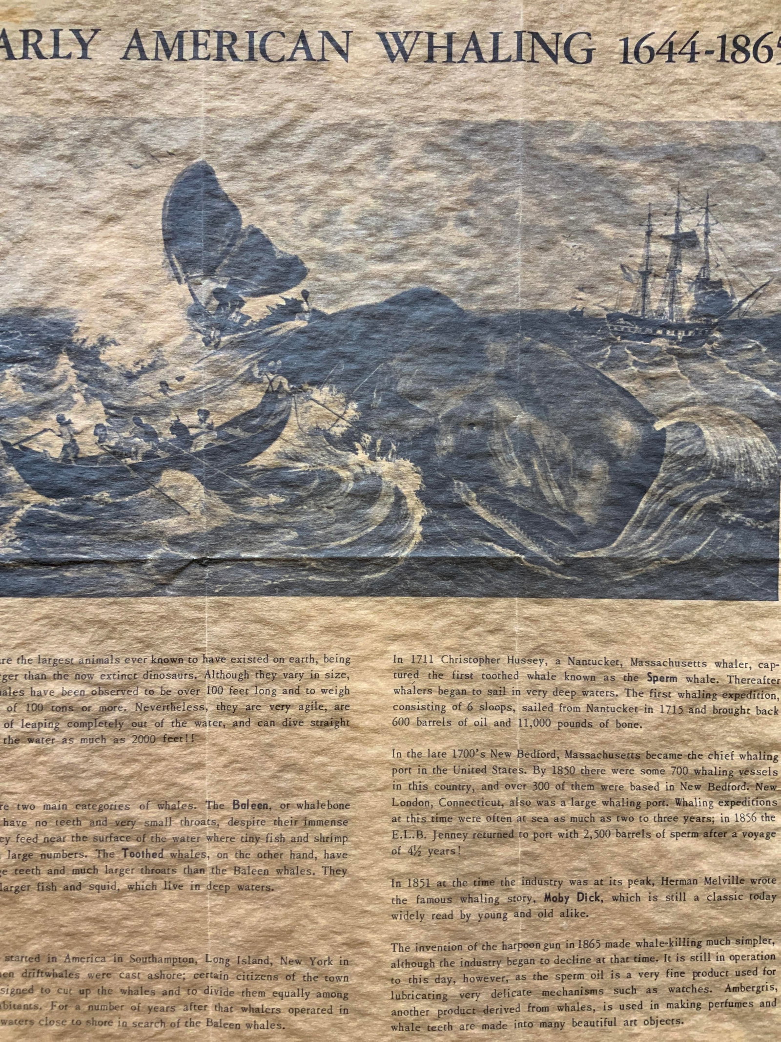 1970 Early American Whaling Newspaper Replica: Copyright 1970 historical documents company. Replicating a paper reading early American whaling 1644-1865. Reads about the start up of whaling in the untied states, with an image of men hunting a sper