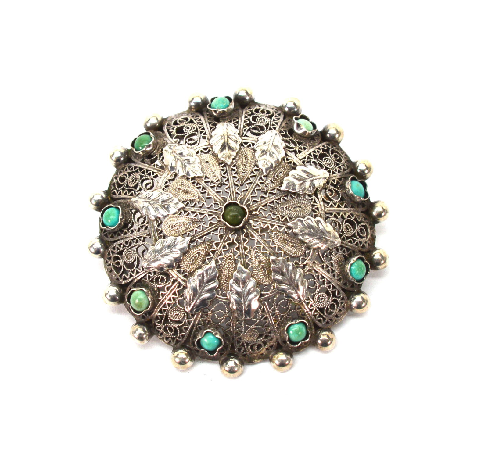 Vintage Silver Filigree Brooch, Turquoise & Jade (1 of 2)
