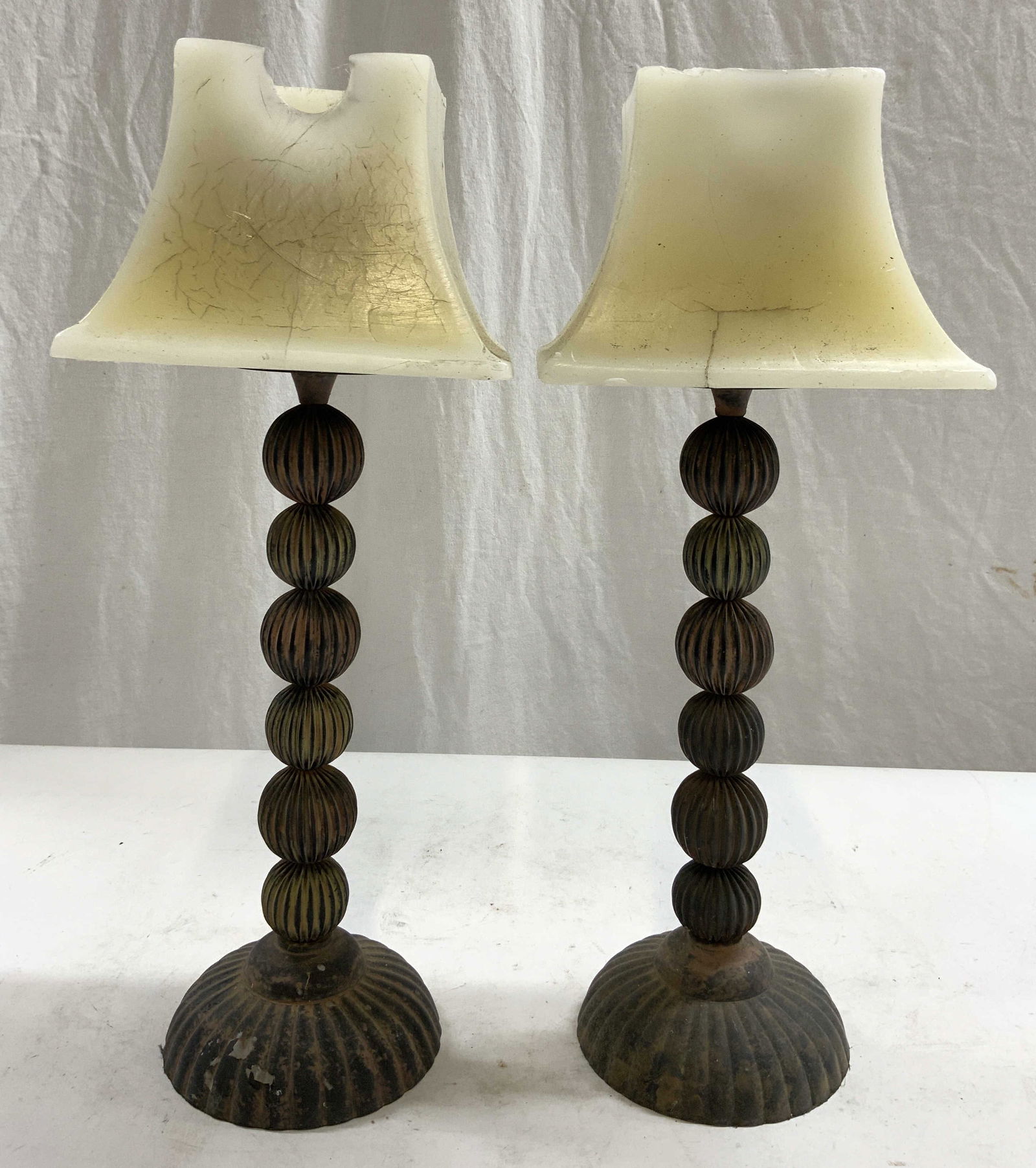 Pair Metal Candlesticks W Lampshade Form Wax (1 of 6)