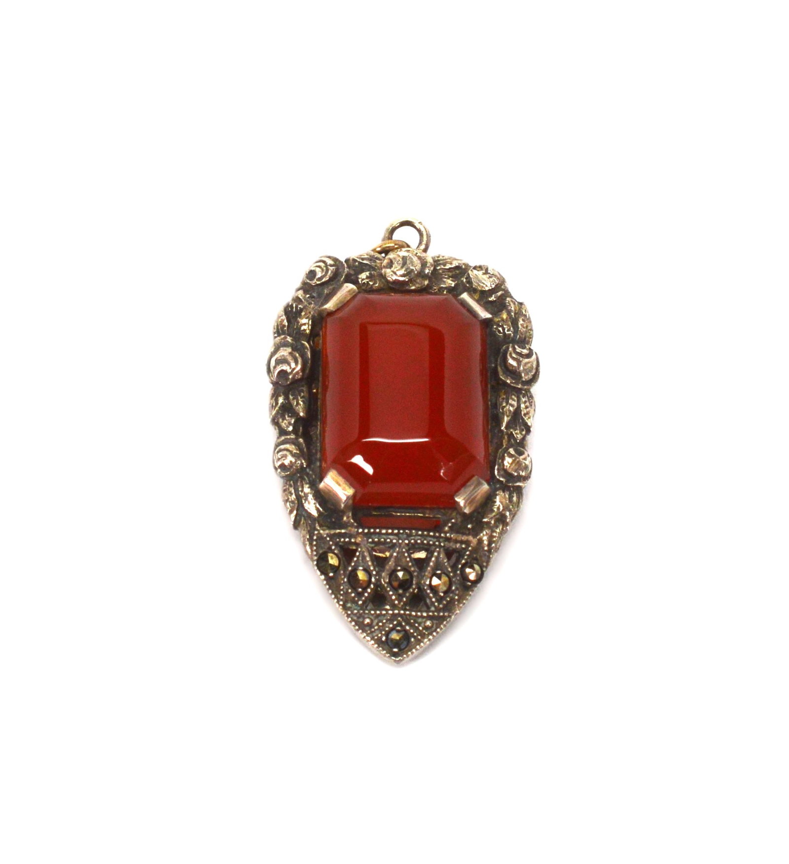 Antique Silver Carnelian & Marcasite Pendant: Shirt pocket/dress clip or pendant accent piece 1.25in long NB BS15