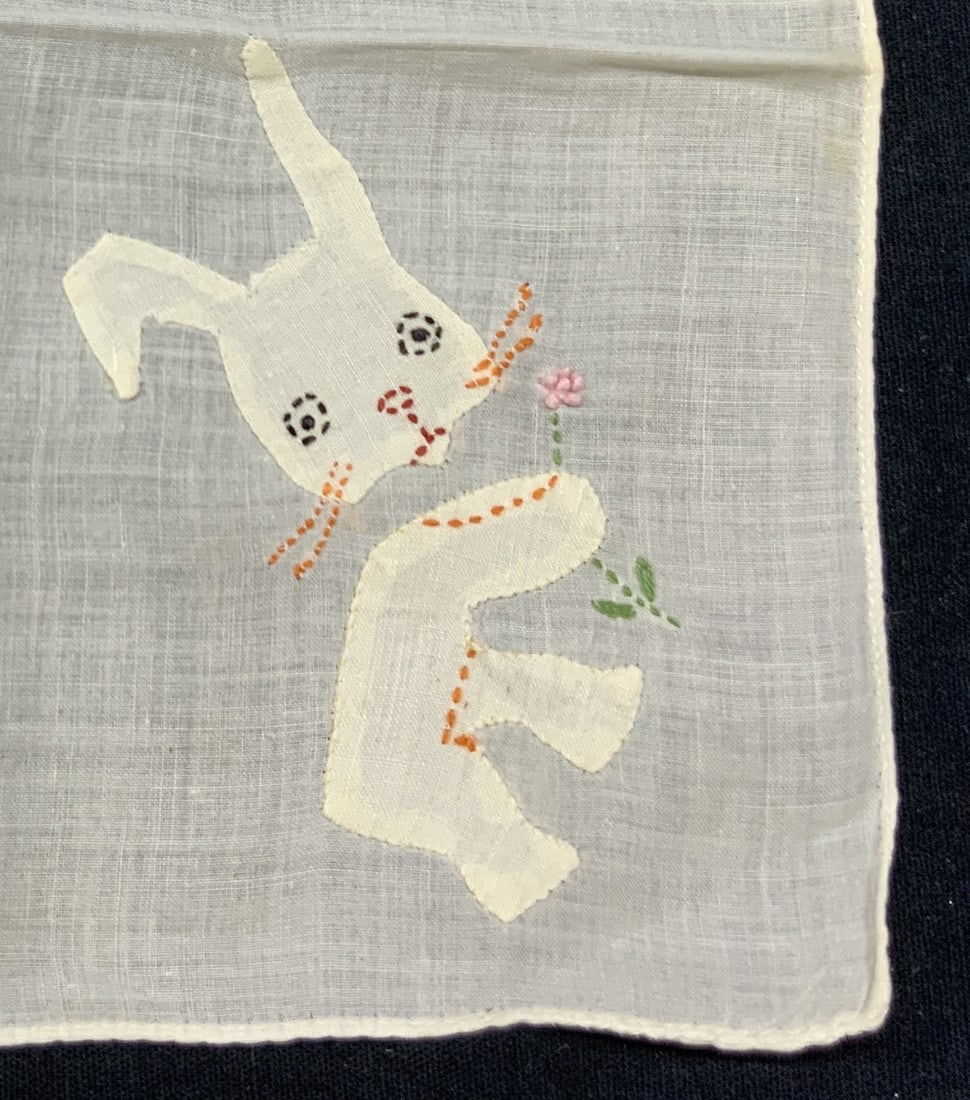 Vntg Embroidered Bunny Linen Handkerchief: Vintage white toned linen handkerchief with a white rabbit appliques on corner with embroidery throughout, approx 8 x8 inches. Moderate wearing to linen due to age and use Vintage handkerchief, linen