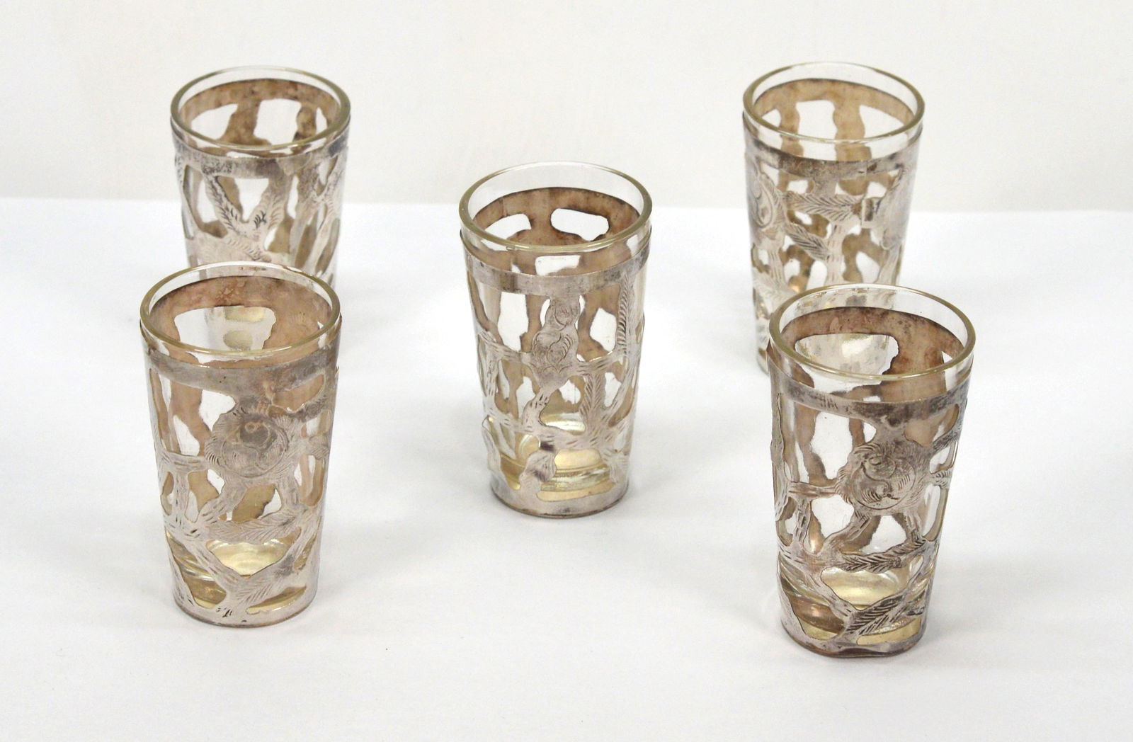 5 Vintage Sterling Silver Overlay Shot Glasses Mex (1 of 3)