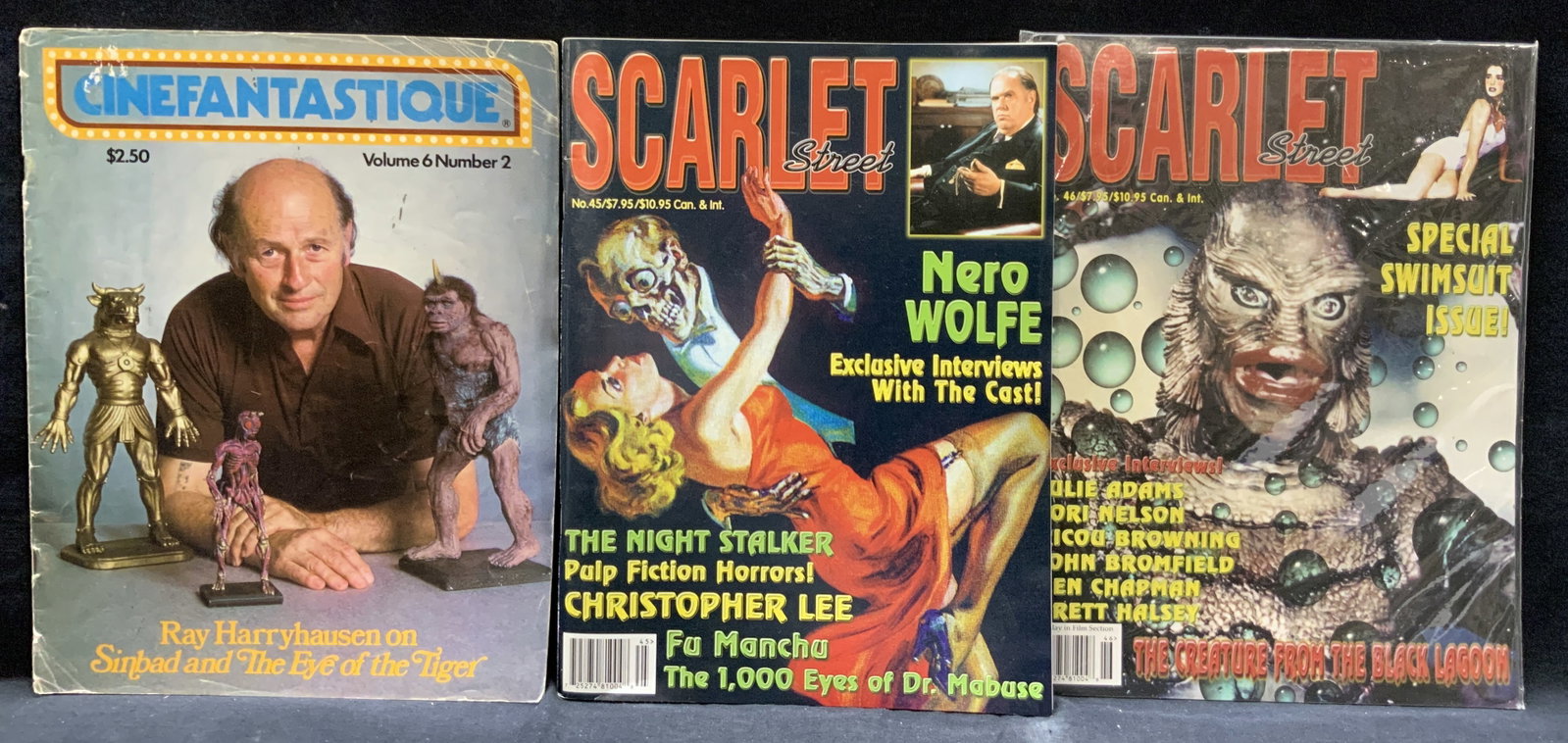 1977 & 2002 3 Movie Magazines, Scarlett Street +: Lot of 3 Movie Magazine s.1 copyright 1977 Cinefantastique published by Frederick S Clarke. Magazine shows behind the scenes of Sinbad and The eye of the tiger. And 2 volumes of Scarlett street, both 