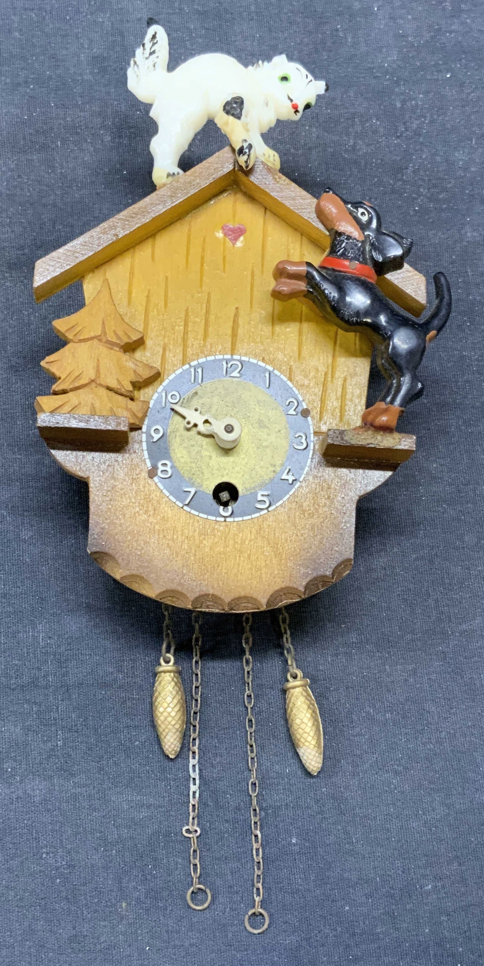 Vintage Cat & Dog Chalet Wood Clock 6.25in Germany (1 of 10)