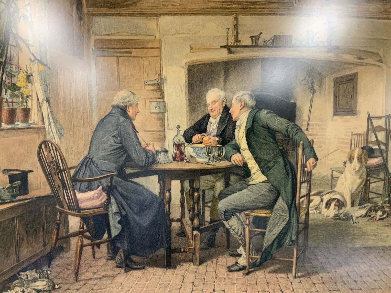 Walter Sadler Full Colored Etching Litho: Full colored etching lithograph under glass by Walter Dendy Salder. Depicts three men in a home with Their hunting dogs. The men sit at the table with wine and food with dead pheasants littered throug