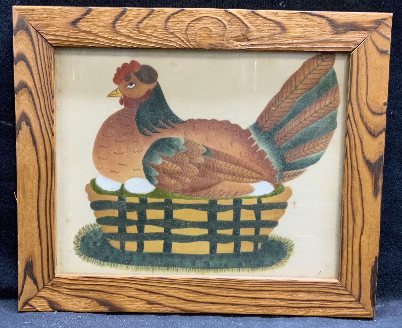 Antique Laying Hen Chicken Framed Theorem Painting: Antique folk art. Framed theorem painting. Subject depicts a laying hen in basket with eggs. Paint on fabric, appears to be velvet. Framed in wood frame. Not examined out of frame. Measures approx. 10