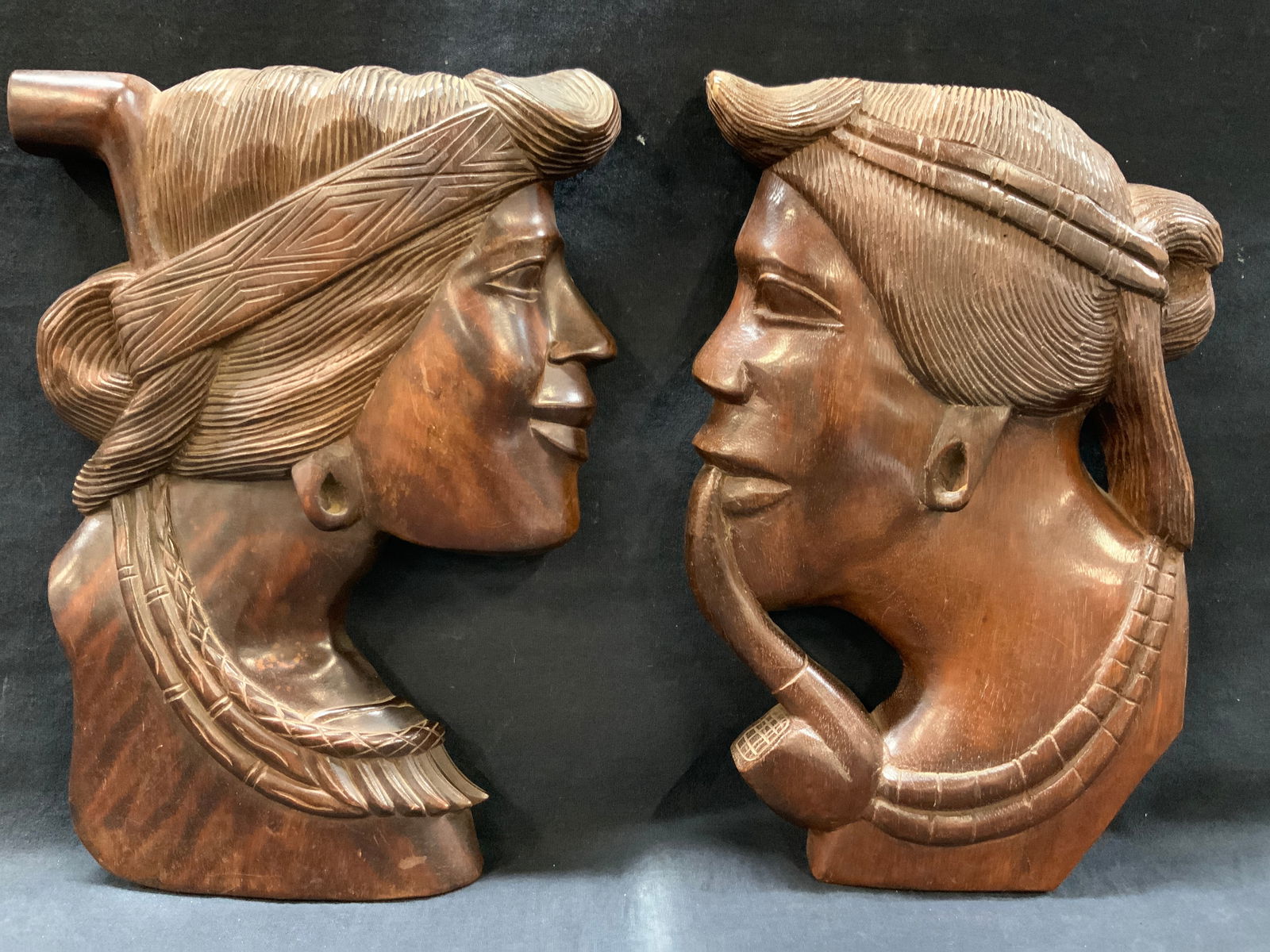 Pr Hand Carved Wooden Tribal Bust Reliefs (1 of 8)