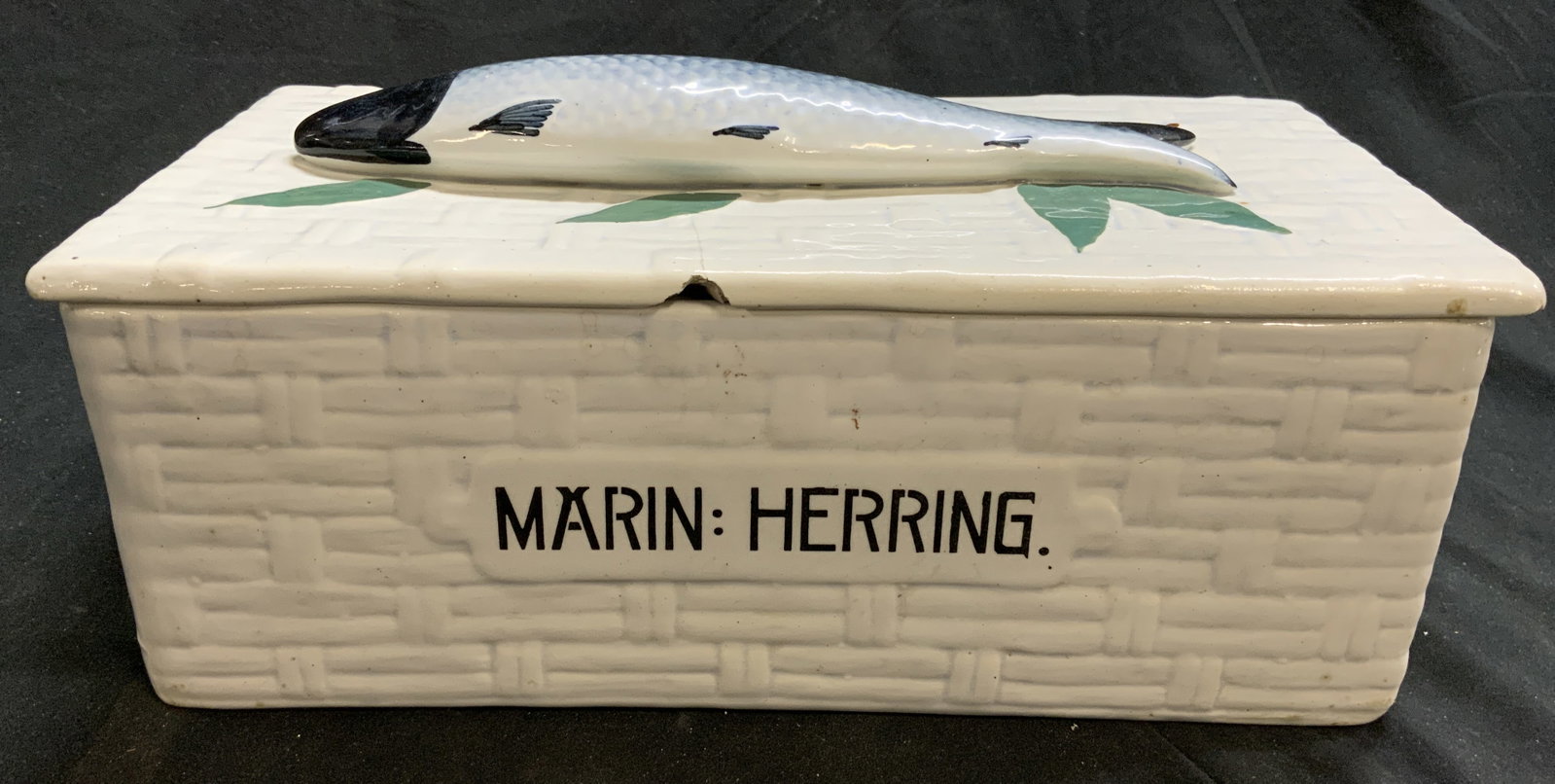 JB & W Bavaria Vntg Porc MARIN HERRING Box w Lid: Underside is marked JB & W GERMANY. Box is white toned and porcelain with basket weave texture detail. Box has handles at side. Box includes lid with herring figure. Piece is possibly hand painted. Fr