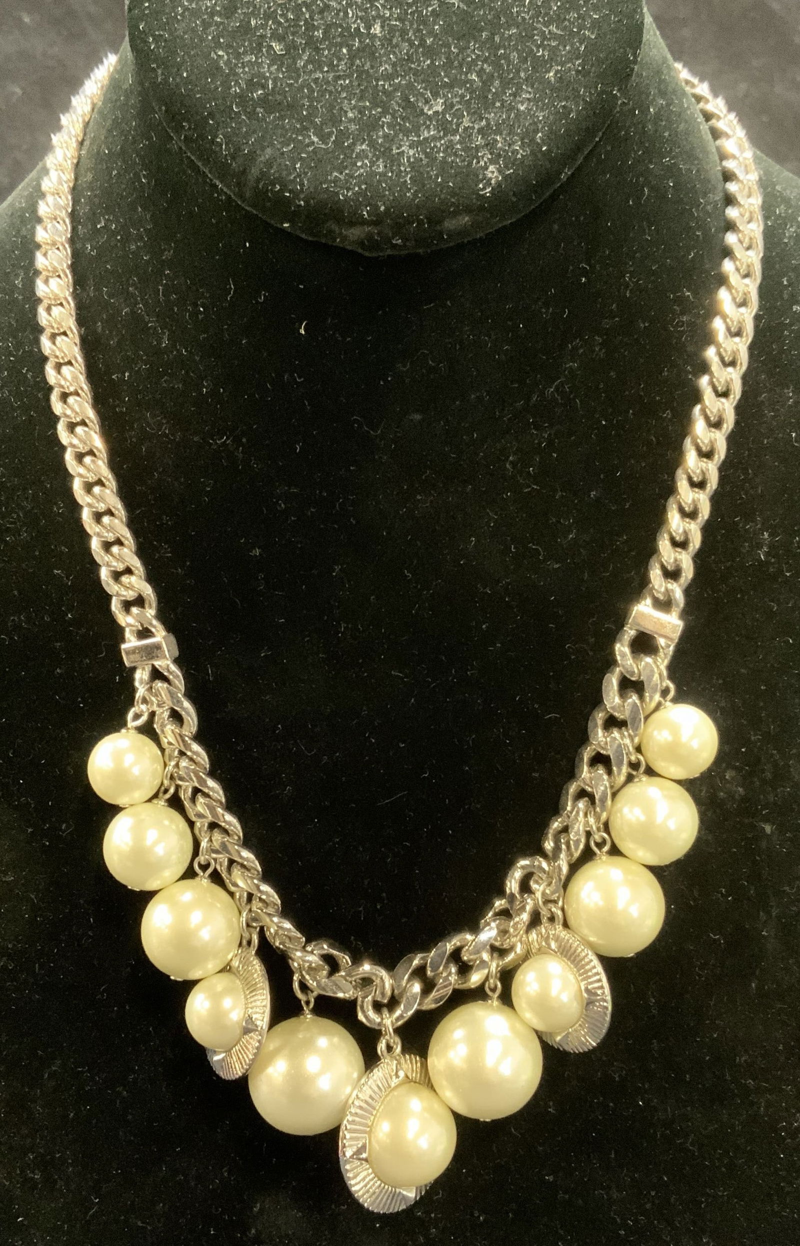 GIVENCHY Silver Tone Faux Pearl Necklace: GIVENCHY silver tone chain necklace with faux pearl beads. Signed on clasp. Drop length approx. 8.5 inches. Some scratching observed. Estate jewelry, costume jewelry, fashion jewelry, cocktail jewelry