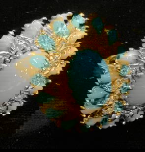 Panella Turquoise Style Large Vntg Cocktail Ring: Signed Vintage Panella gold plated ring with glass turquoise cabochons and clear crystals. Intricate large pattern with attractive shank. Size 6. Ring measures 1 x 7/8 in. Luxury jewelry, luxury