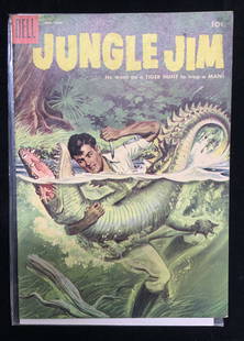 Collectible Dell Jungle Jim Comic Book, 1955: Rare collectible Jungle Jim Comic Book by Dell Comics. April- June 1955, issue # 5. Dell Publishing. In good vintage condition, mild wear. Yellowed pages consistent with oxidation. Comic book