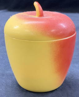Hazel Atlas Painted Milk Glass Sugar Bowl: Hazel atlas milk glass sugar bowl painted on exterior in red and yellow shades to resemble an apple. Approx 5 inches tall and 3 inch diameter. Moderate surface wearing consistent with age and use.