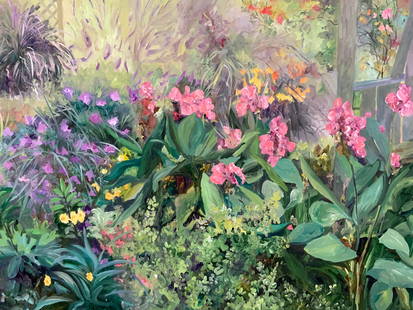 XL Barbara Krupp Sgd Lilies Acrylic Painting 3x5ft: Signed On corner and on backside, Barbara Krupp. 2001, lilies. Acrylic painting on canvas depicting a cluster of flowers with pink lilies and other purple and yellow flowers. No frame. Approx 65 x