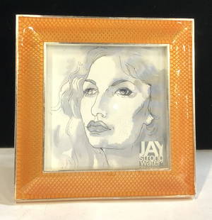 Jay STRONGWATER Enamel Picture Frame: Signed Jay STRONGWATER orange enamel square picture frame with easel back with Brushed silver tone Metal. Fits picture size 3 x 3 in. Marked Jay STRONGWATER. Overall size is 4x4 in. Signed Jay