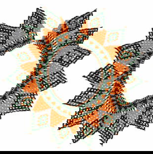 Handmade Statement Beaded Bib Choker Necklace: Hand beaded necklace using orange, black and green seed beads, hook and loop clasp. 3.5 in. Wide. 4.5-5 in. neck diameter. Diamond pattern. Artisan necklace, tribal style jewelry, hand made beaded