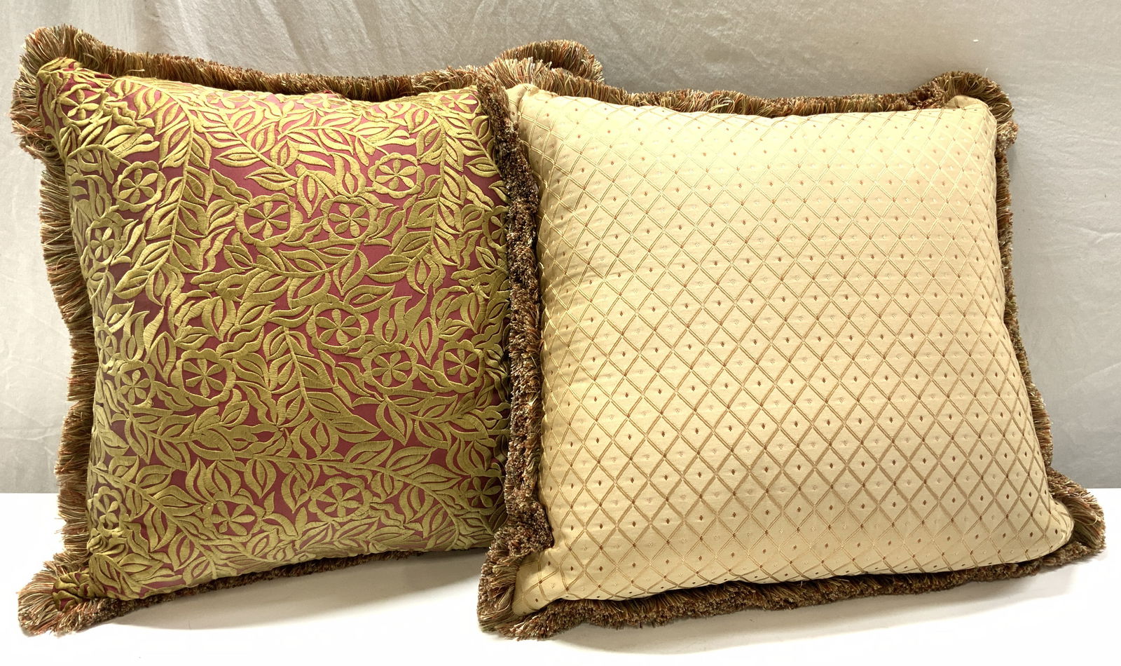 Pair Custom Upholstered Fringed Pillows W Down (1 of 9)