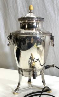 UniversalLandersFrary Clark SilverPl Coffee Urn US: Antique Electric Universal Landers Frary & Clark Silver Plate Coffee Urn W/Cord, 10 cup capacity. Patents are marked 1912 to 1924. Made in the USA.. Marked no. E821. 5.5 ft cord. 16 in. Tall x 9.5 in.