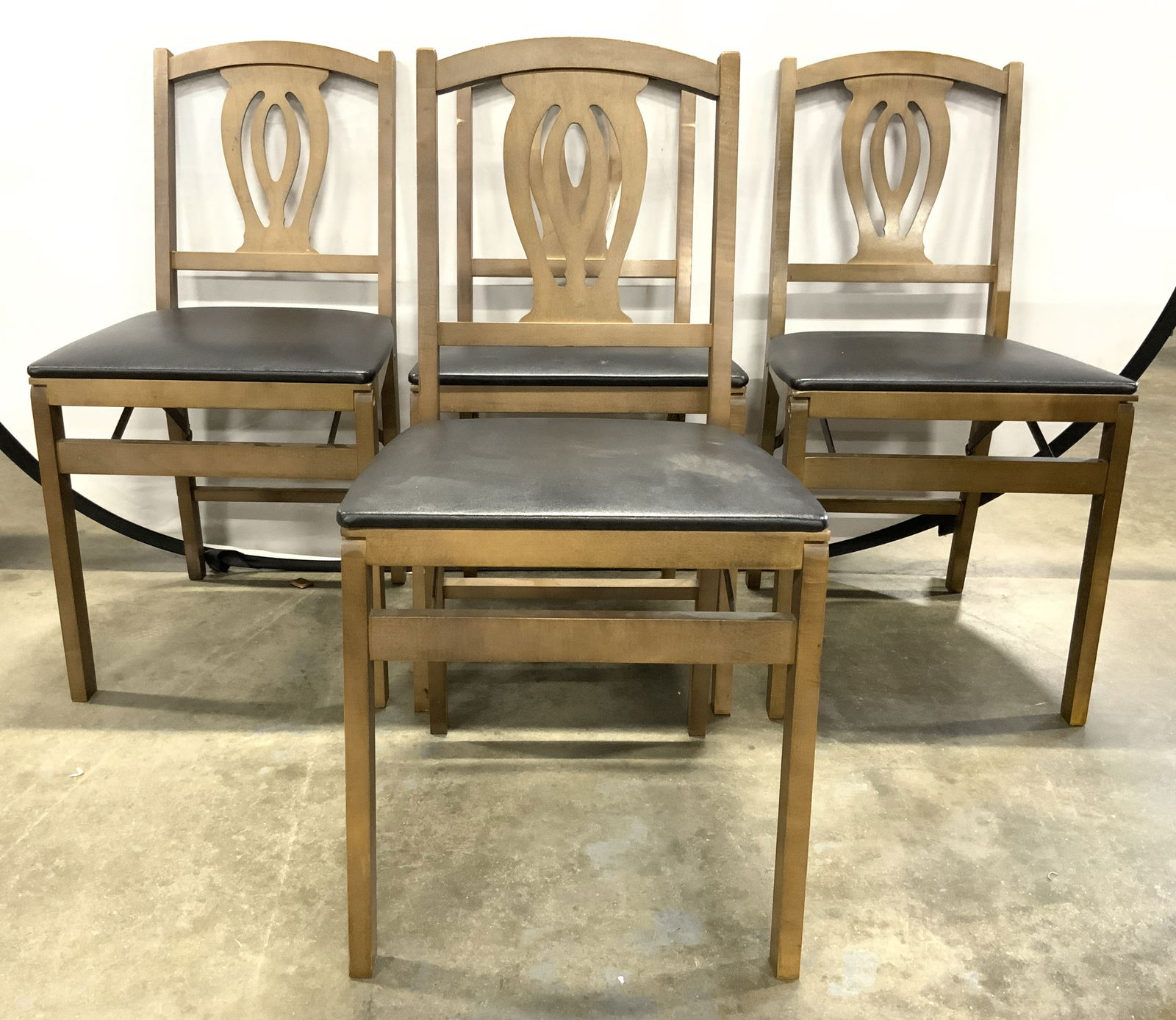 Set 4 Vtg Wooden Folding Chairs W Leather Seats (1 of 8)