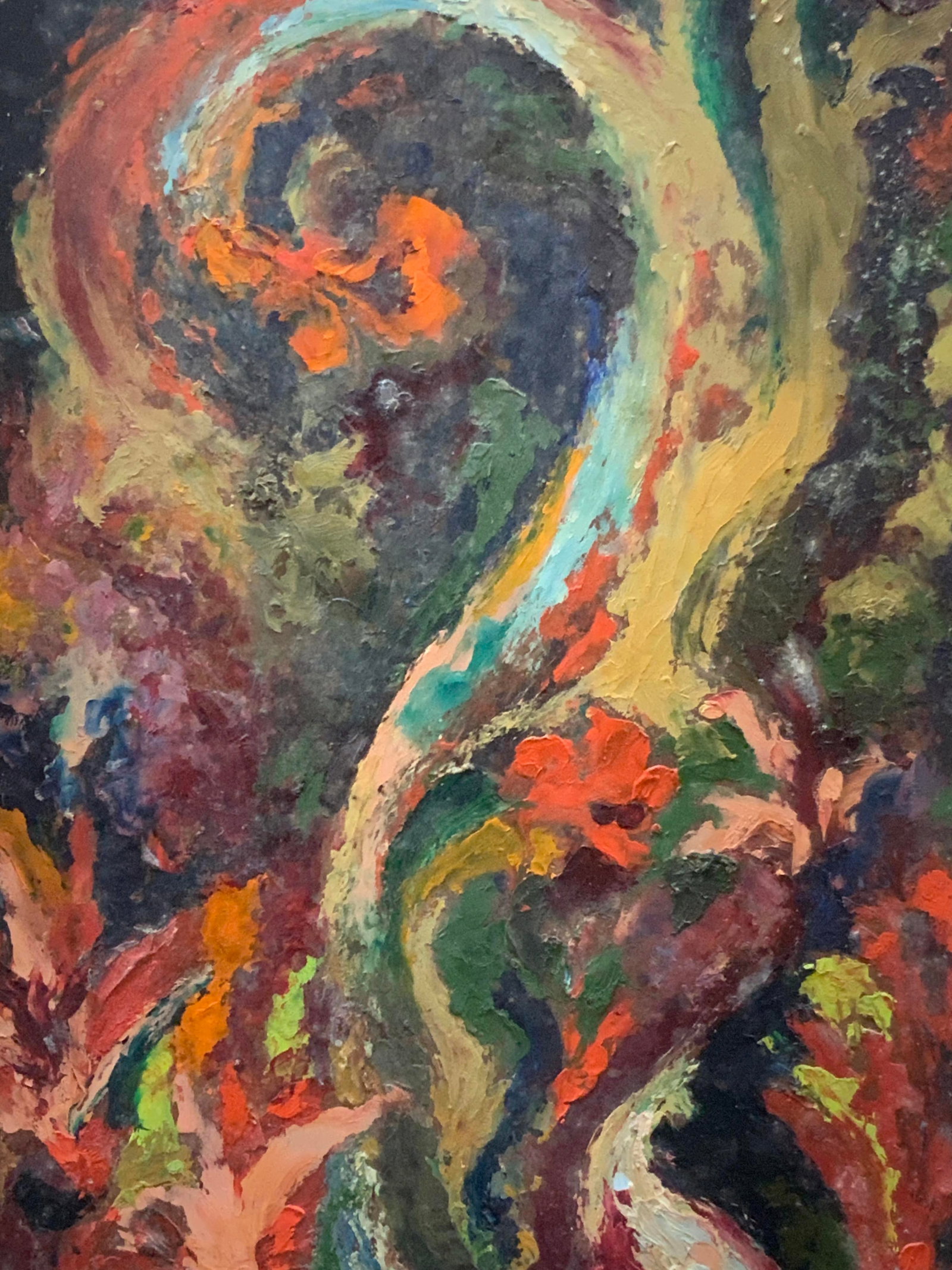B.Bildner Sgd Abstract Oil Painting: Signed on corner B.Bildner Depicts abstract forms with floral motifs in various colors. Framed in a light toned wooden frame. Approx 21 x 11 inches window measures 17.5 x 8 inches. Moderate wearing to