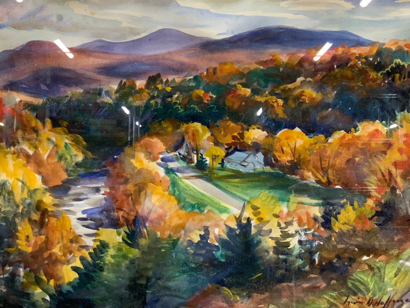 Irwin D Hoffman Sgd Gouache Landscape: Signed on corner Irwin D Hoffman Depicts a Birds Eye view of a forested landscape with a purple mountains. Framed in a light toned wooden frame with off white mat board. Approx 27 x 33 inches window m