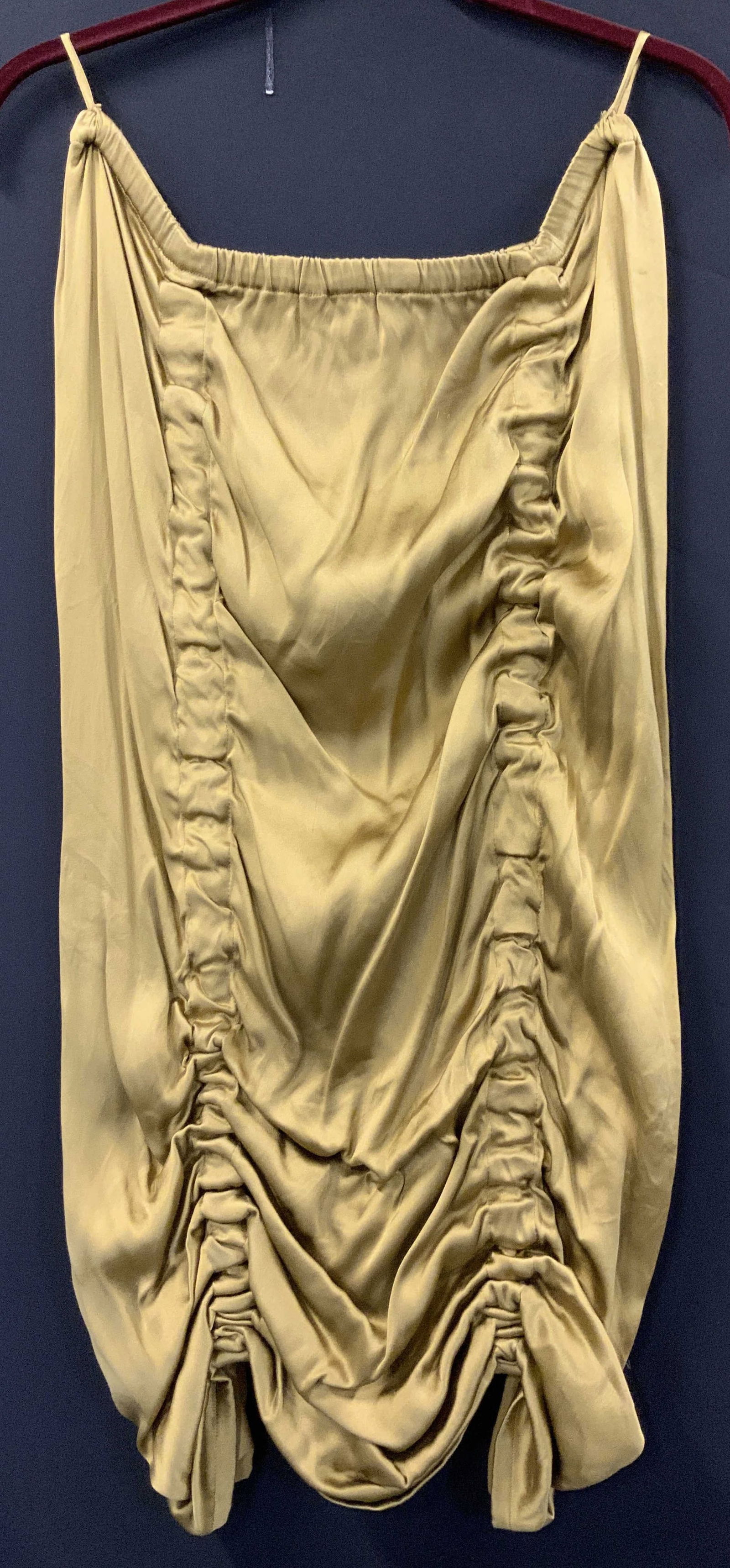 GUCCI Ruched Silk Stretch Waist Skirt, Italy: Chartreuse silk skirt by GUCCI, made in Italy .,stretch band waist, original label attached with serial number. all silk, including lining. Linear ruched accent, size 44., 28 in. Long, 36 in. Hips, wa