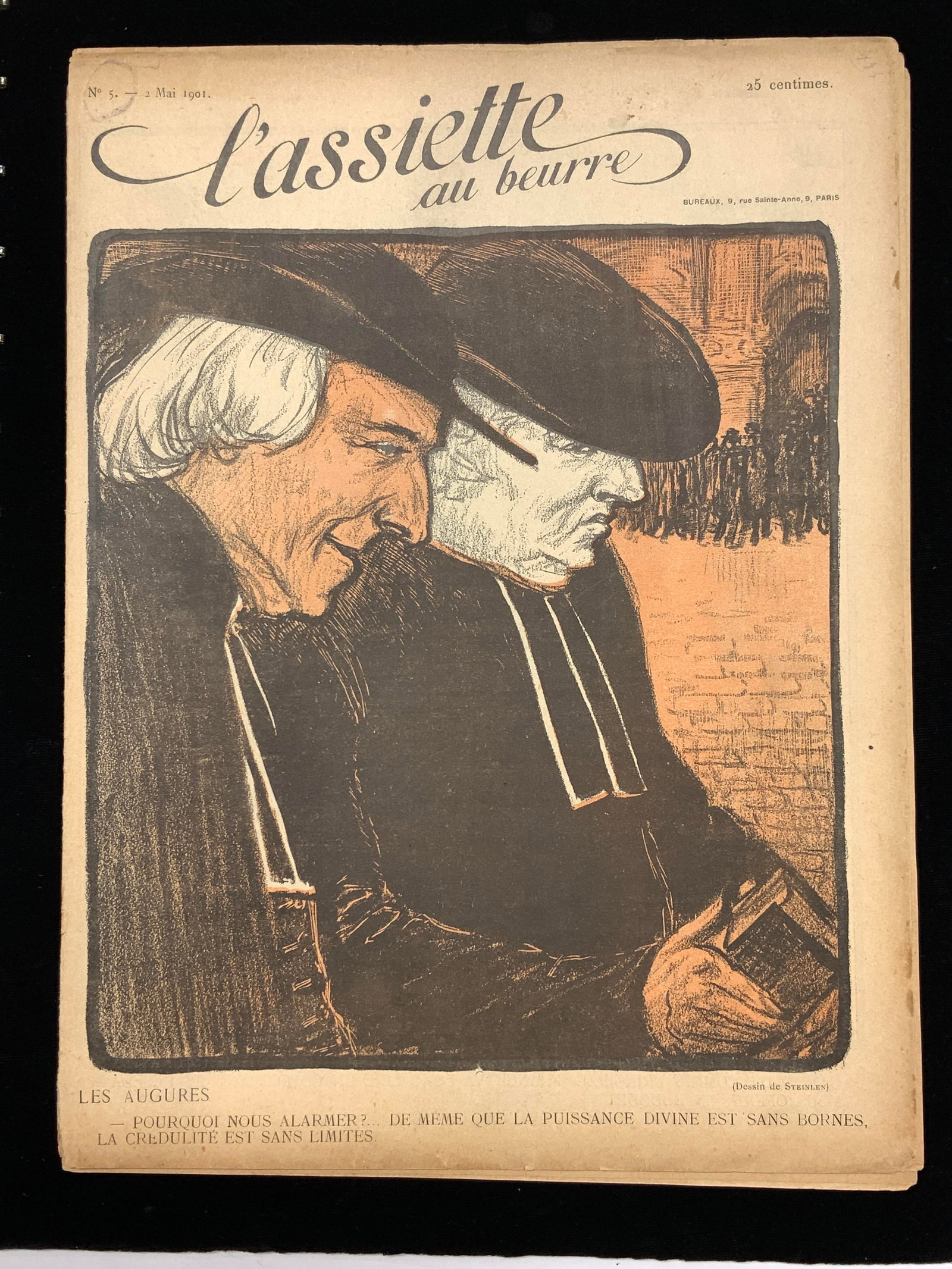 Lassietre au Beurre Antq Illustr Magazine, 1901: Antique illustrated French Comic magazine, dated May 2, 1901, issue # 5, -Lassietre au Beurre Les Augures. cover illustrated by Theophile Steinlen. Cover of 2 gentleman clergy. Known for French satire
