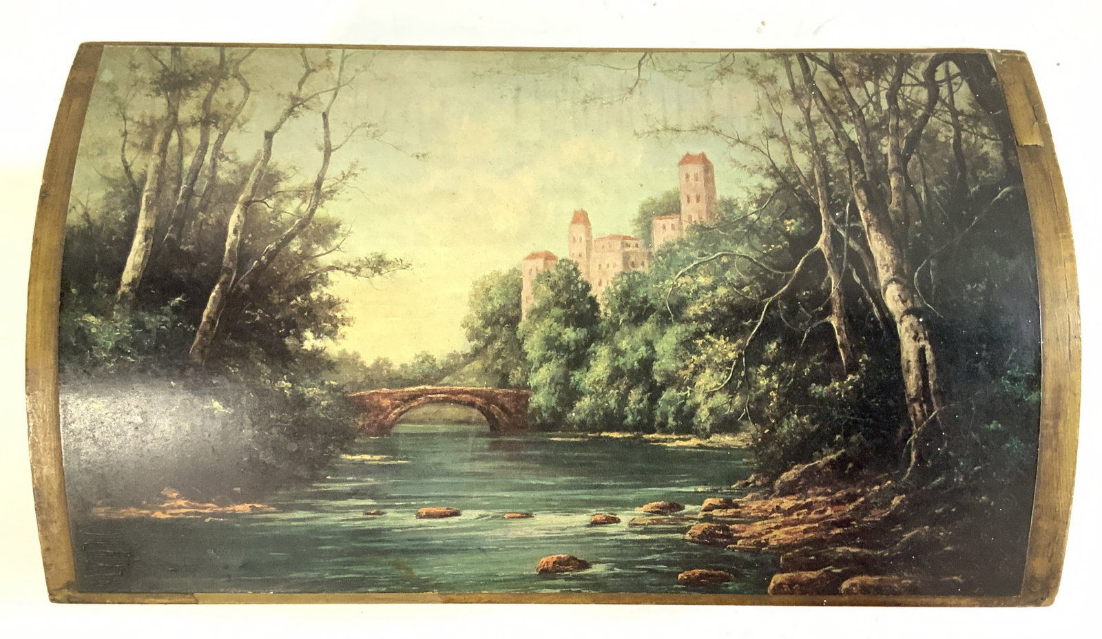 Florentine Style Wood Jewelry Box w Key: Hand crafted Florentine style jewelry box, hand painted wood with decoupage lid featuring a castle along a river. Interior burgundy velvet , removable tray, and Skelton key. Upper latch will need repa