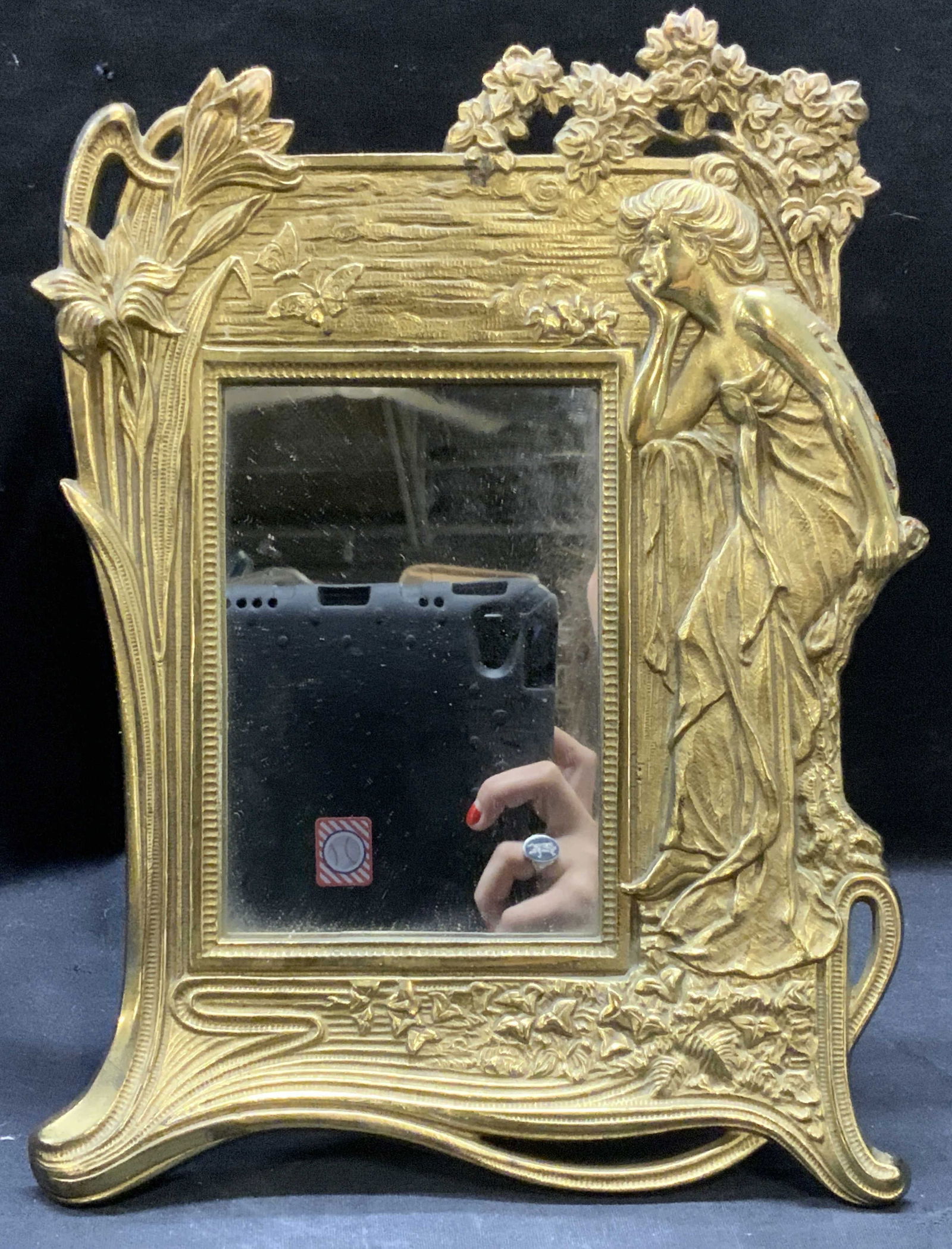 Art Nouveau Style Female Figural Brass Mirror (1 of 9)