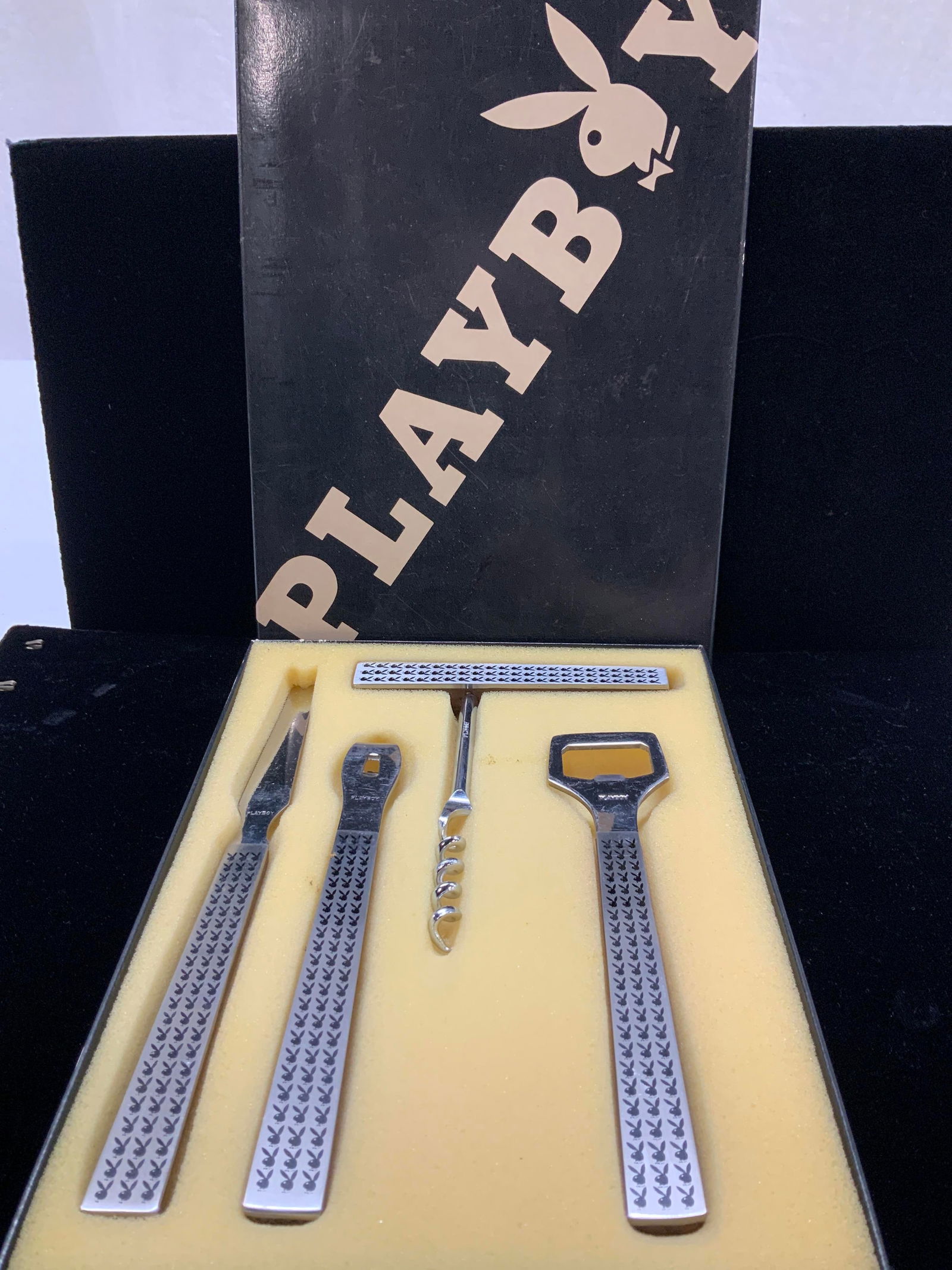 4 Pc PLAYBOY Stainless/Wood Bar Set Org Box, 1970s (1 of 9)