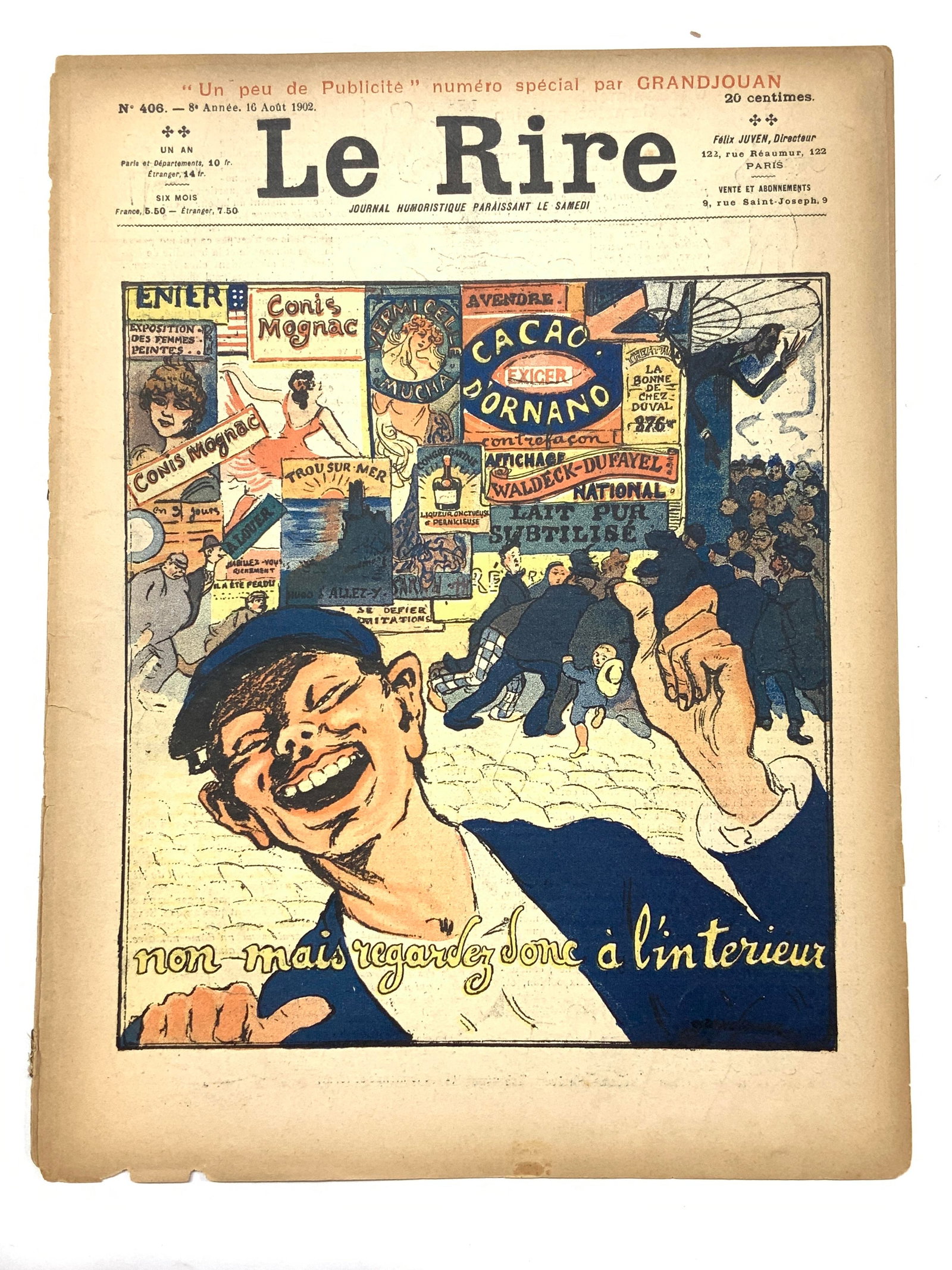 Le Rire Antq French Weekly Illust Journal, 1895: French humour journal Le Rire, dated August 16, 1902 issue # 406. an Illustrated weekly specialty Parisian Journal with colored and black and white illustrations, cover is signed by artist ( illegible
