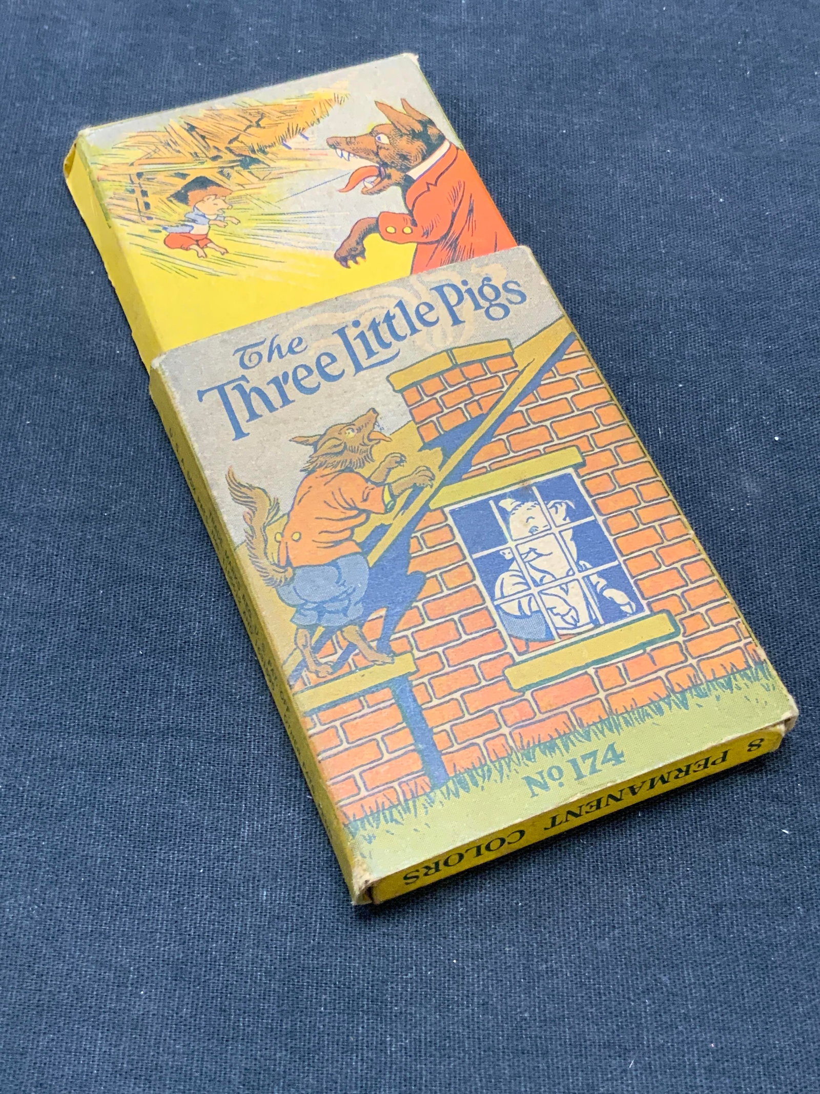 EBERHARD FABER Three Little Pigs Vntg Color Pencils: Vintage Three Little Pigs colored pencils by EBERHARD FABER. Both sides depict the pigs with the big bad wolf. The verbiage to the obverse reads The Three Little Pigs No. 174. Comes with colored penci
