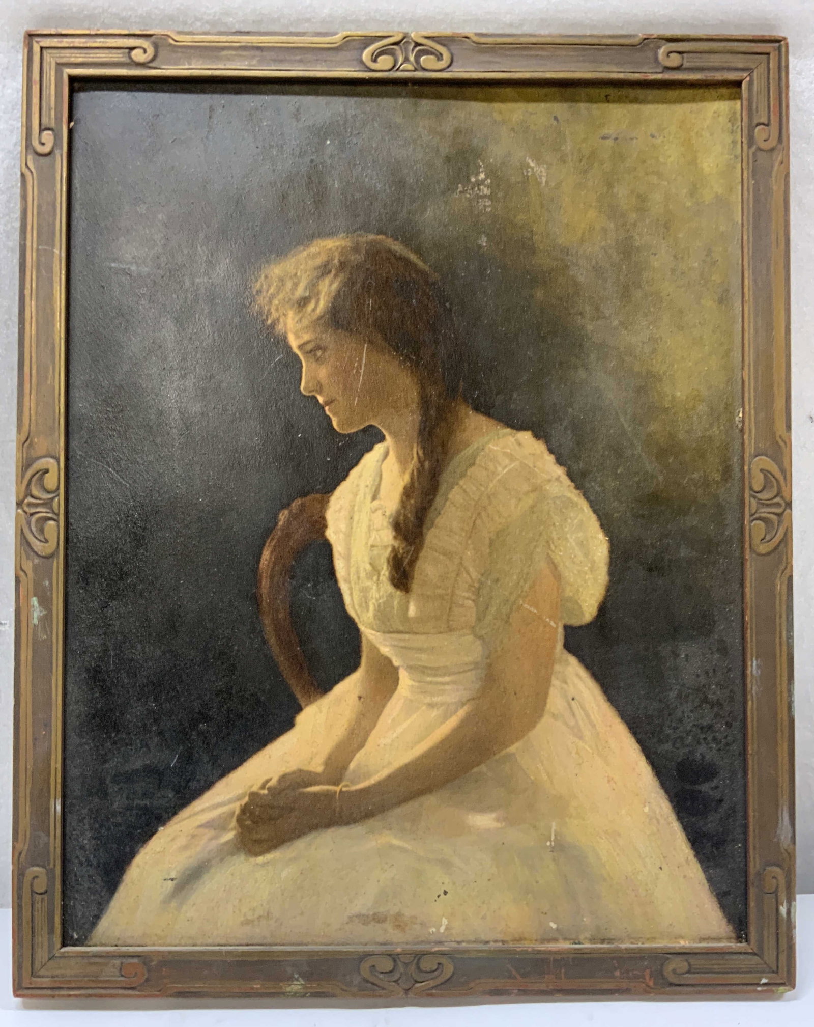 Antique Young Woman Artwork on Panel: No apparent inscriptions or marks to piece. Appears to be a painting, possibly oil. Possibly print with painted / textured details. Is in a realistic romantic style, the image of a woman in profile si