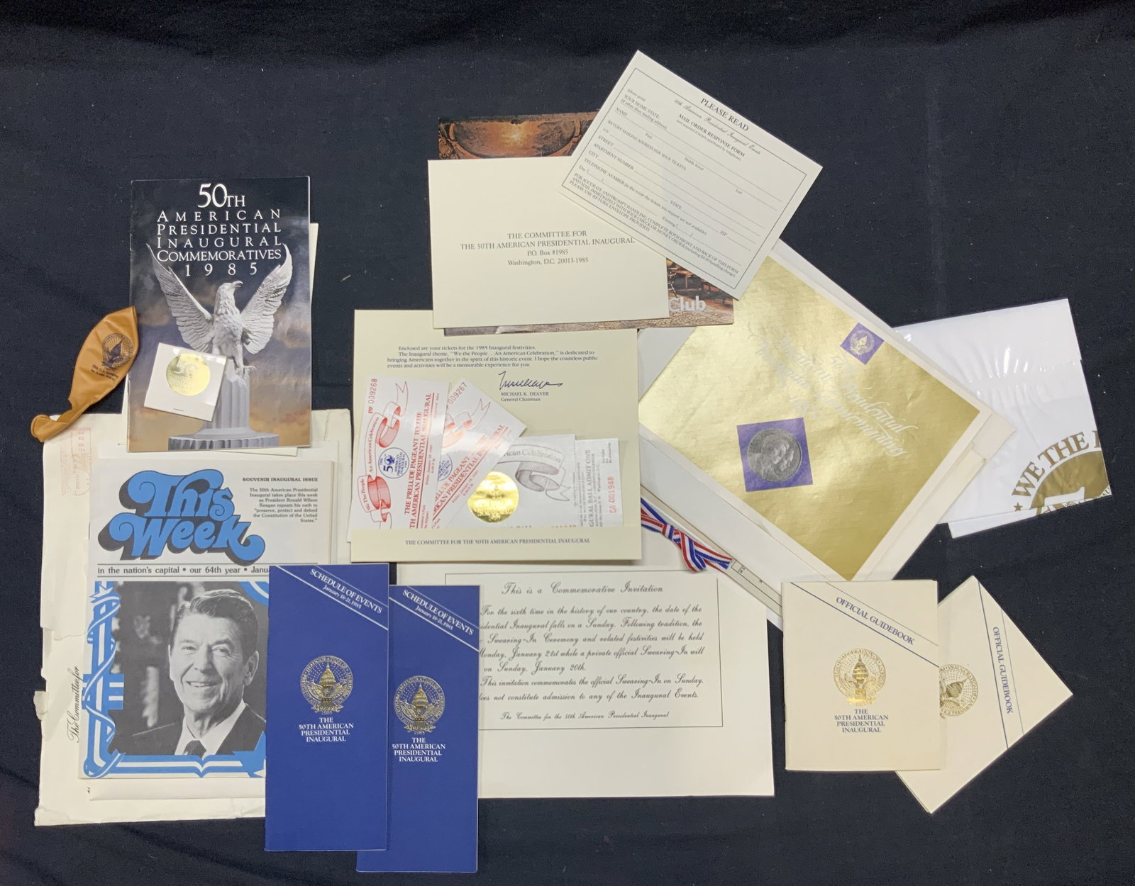 50th USA Pres. Inaugural Commemoratives 1985: 50th USA presidential Inaugural Commemoratives circa 1985. Includes tickets for the 1985 inaugural festivities among other memorabilia. COSMOS CLUB pamphlet measures approx. 6.75L x 8.75W in. Pieces h