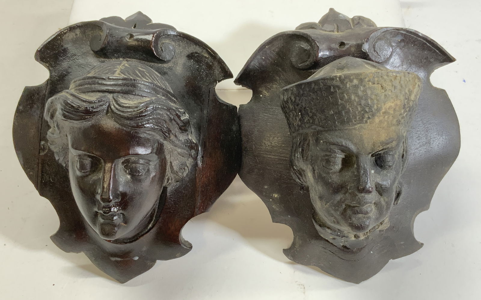 Pair Carved Wood Medieval Figural Wall Plaques (1 of 8)