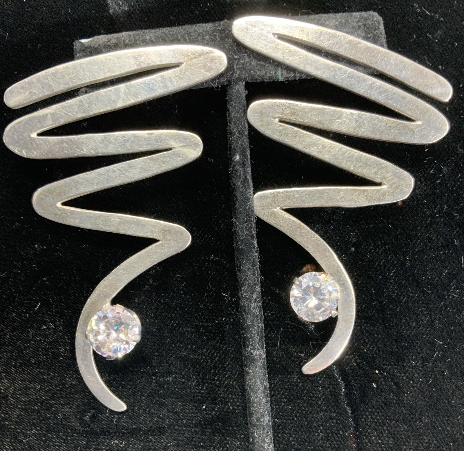 Pair Sterling Silver Zig- Zag Earrings w Crystal (1 of 7)