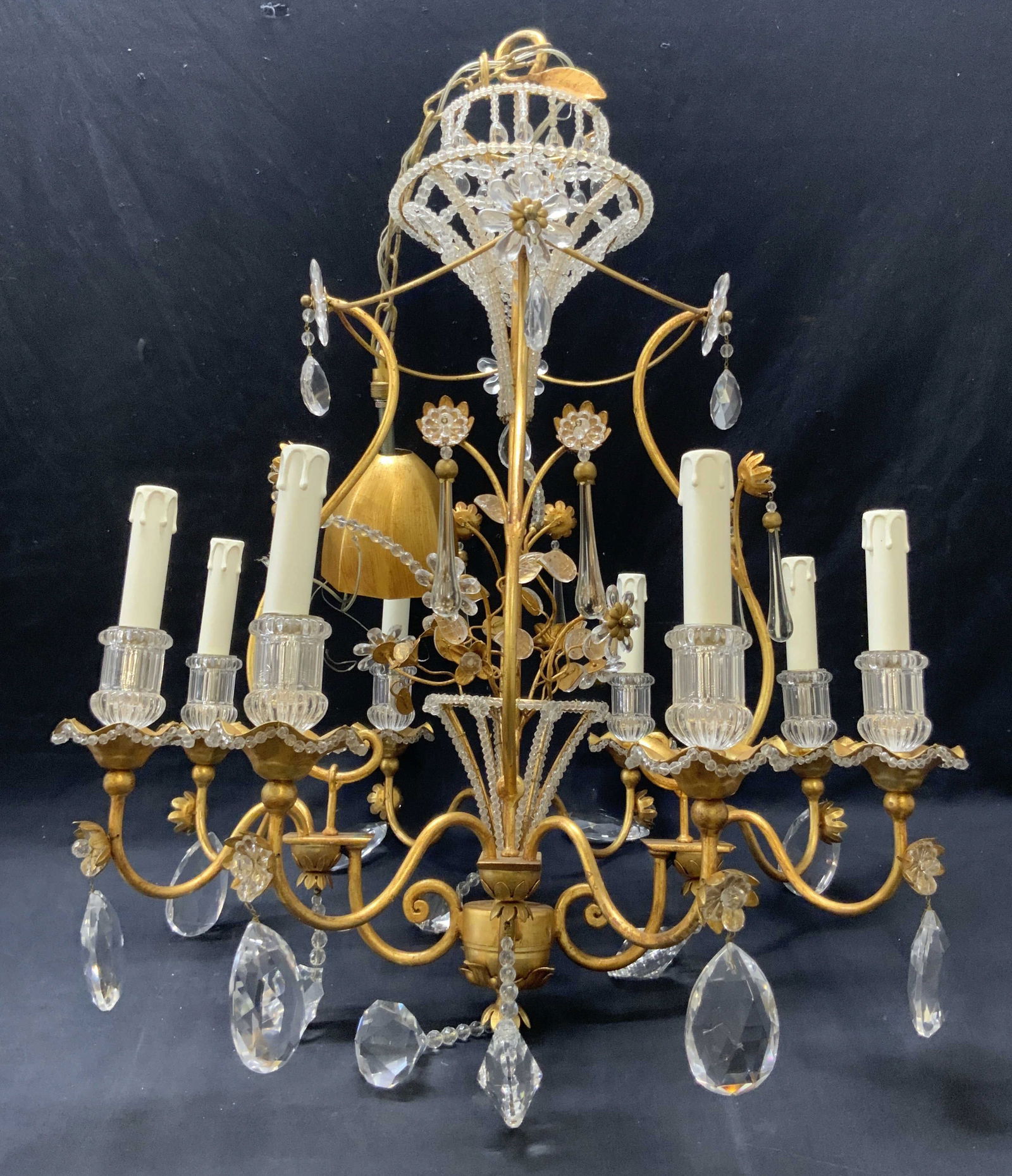 Gilded Metal Crystal Prism Floral Motif Chandelier (1 of 14)