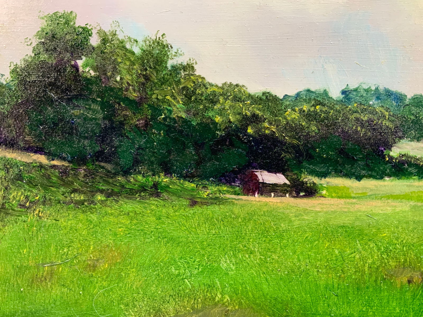 Caroline Walker Signed. Oil on Board Hill Landscape: Signed Caroline Walker unframed art. Oil on hardboard of a hilly green landscape with a log cabin in the distance. 11x14 in. Lower right signed CA Walker. Light scratches in areas. Caroline Walker is