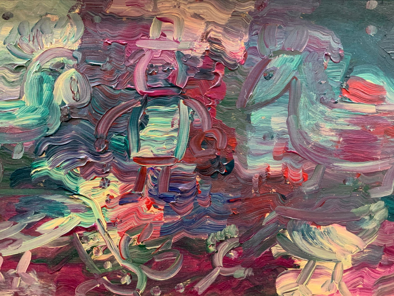 Nilo Lanzas NL Sgd Folk Art Acrylic On Board: Signed on corner NL, with artist bio on backside of board. Depicts finger painted figures of people and animals amongst greens, red, purples and other colors. Framed in a gold leafed wooden frame, app