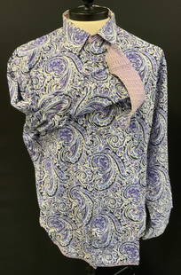 Robert Graham Graphic Paisley Cotton Shirt: Luxury designer Robert Graham mens 2x cotton shirt. Blue, white, black, And lavender paisley swirl print with decorative color and cuffs of another contrasting print. Lacks 1 button at collar. In like