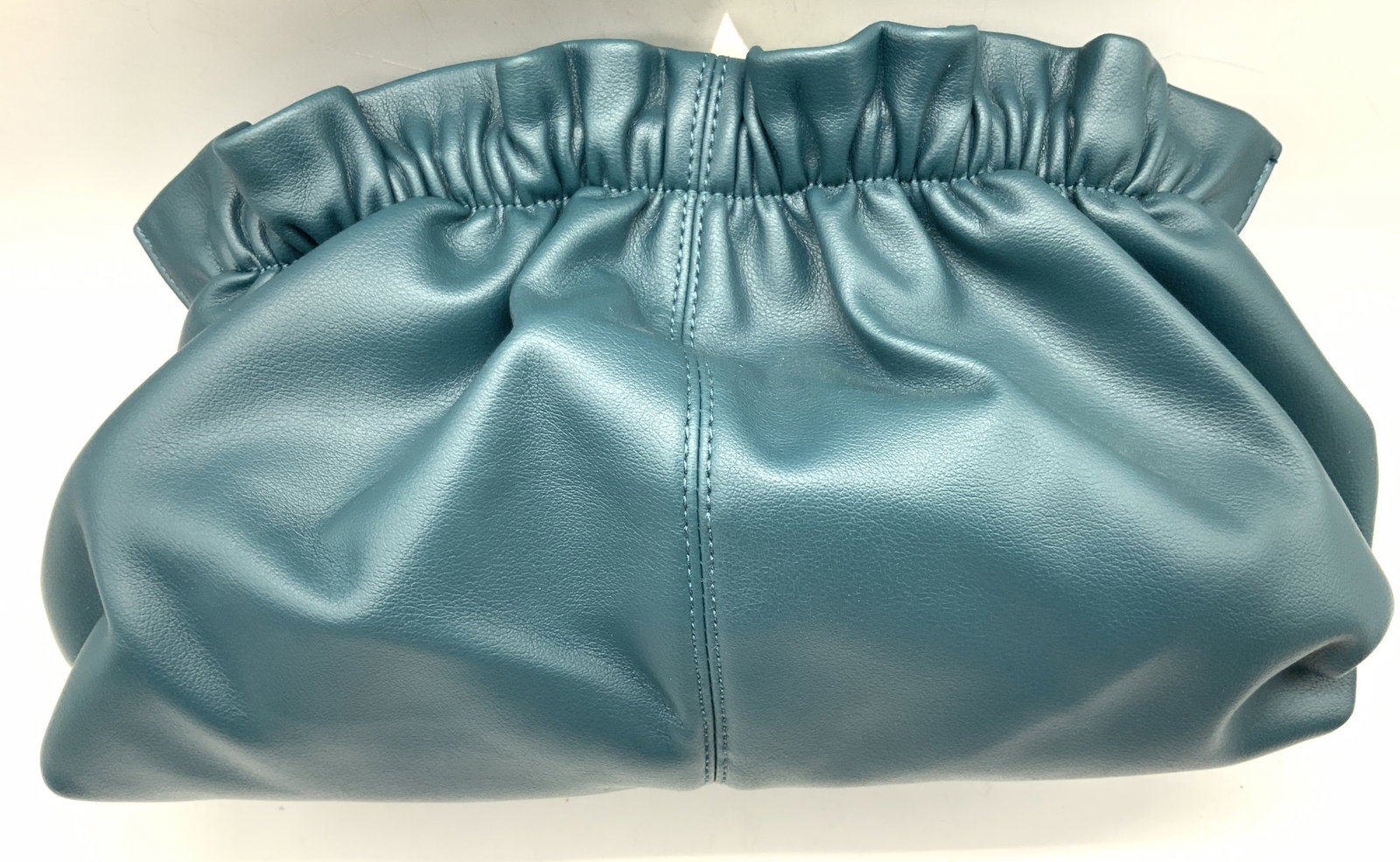 NWT Teal Faux Leather Mouth Clasp Bag: New with tag, marked CC retail. Teal toned hinge mouth clasp with ruffled top. Approx 7 x 13 x 5 inches. Comes With shoulder strap. Minor to no wearing to nylon material. Fashion bag. Bag, outing bag,