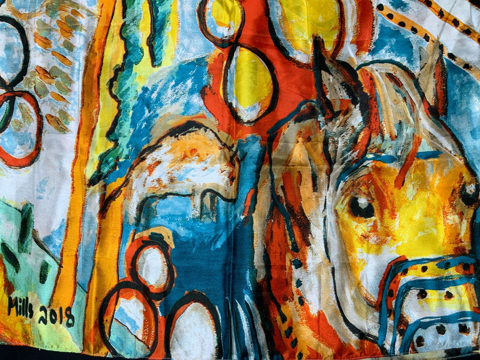 Mills 2018 Olympic Tribute Silk Scarf: Marked mills 2018, Olympic tribute silk scarf with images of horses and the Olympic rings and abstract figures. Possibly silk with hand sewn edges, Approx 40 x 20 inches Minor wearing to threading to
