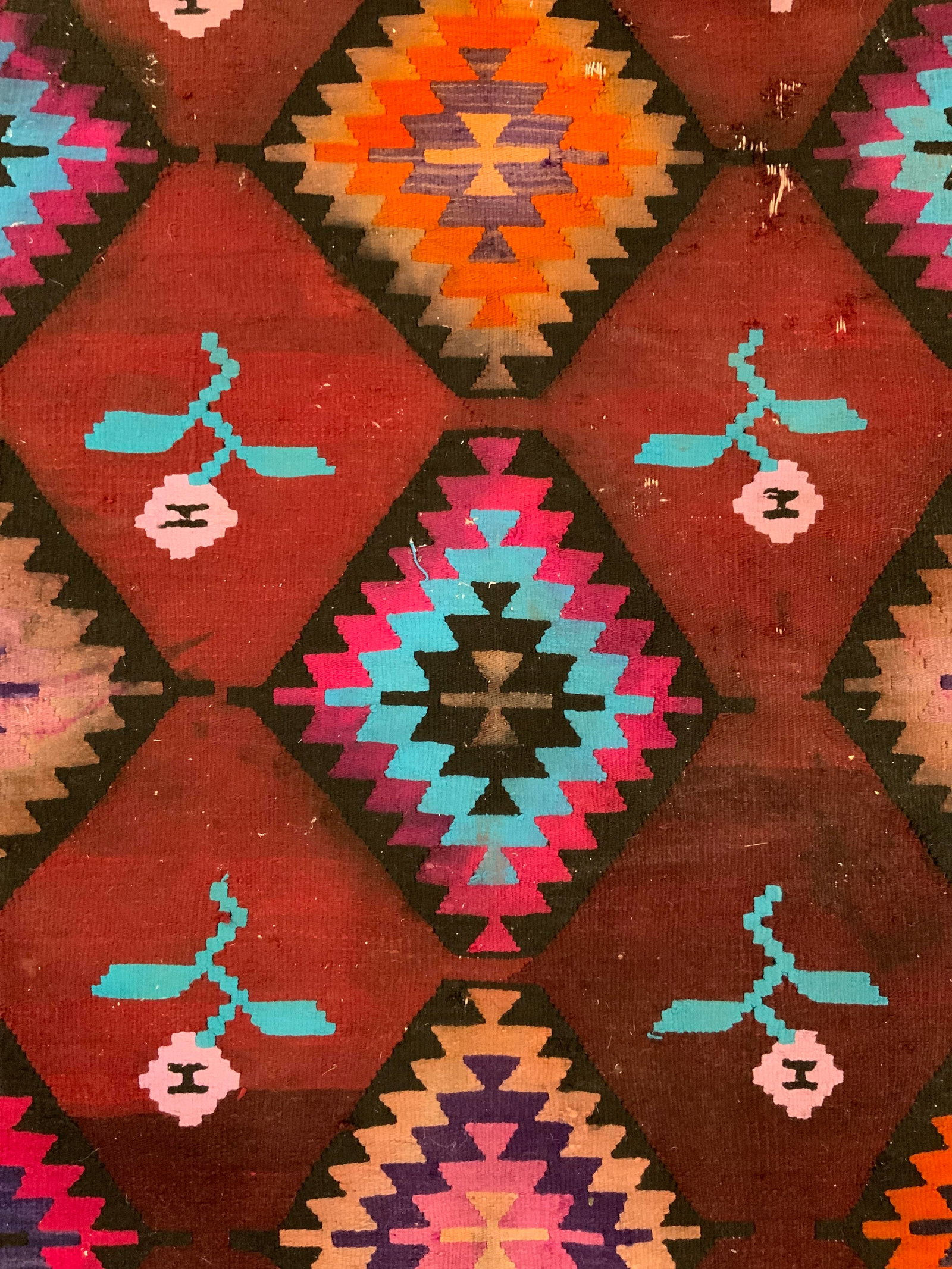 Vintage Handmade Kilim Fringed Wool Rug: Rug is handmade and wool. Piece has intricate multi toned geometric detail. Piece is vintage. Rug measures approximately 106 inches long 35 inches wide, Rug, wool rug, handmade rug, area rug, Kilim ru