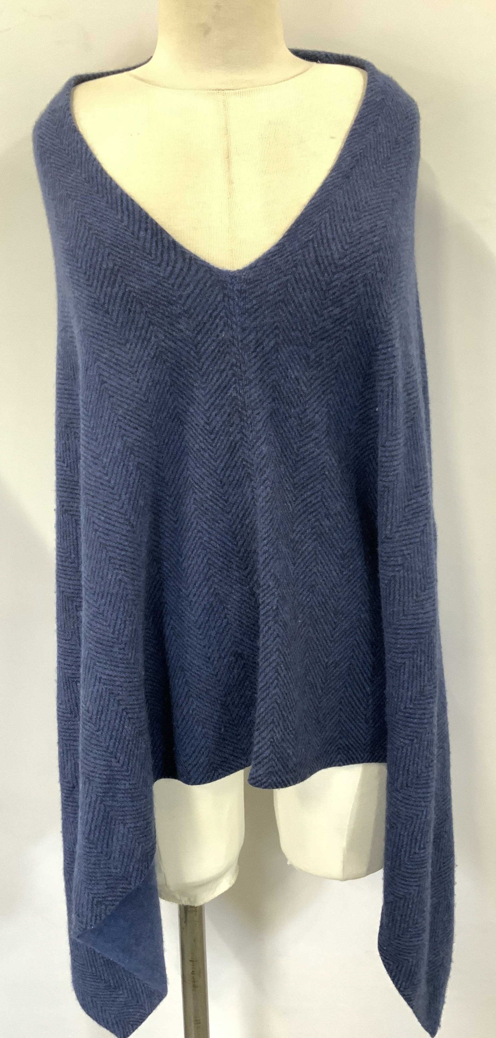 Captiva Cashmere Blue Shawl: Blue toned shawl with black diamond pattern. marked on tag Captiva cashmere. Measures 60 inches wide and 23 inches long. Minor wearing to shawl. Shoulder shawl, shawl. Cashmere wearables, ladies shawl