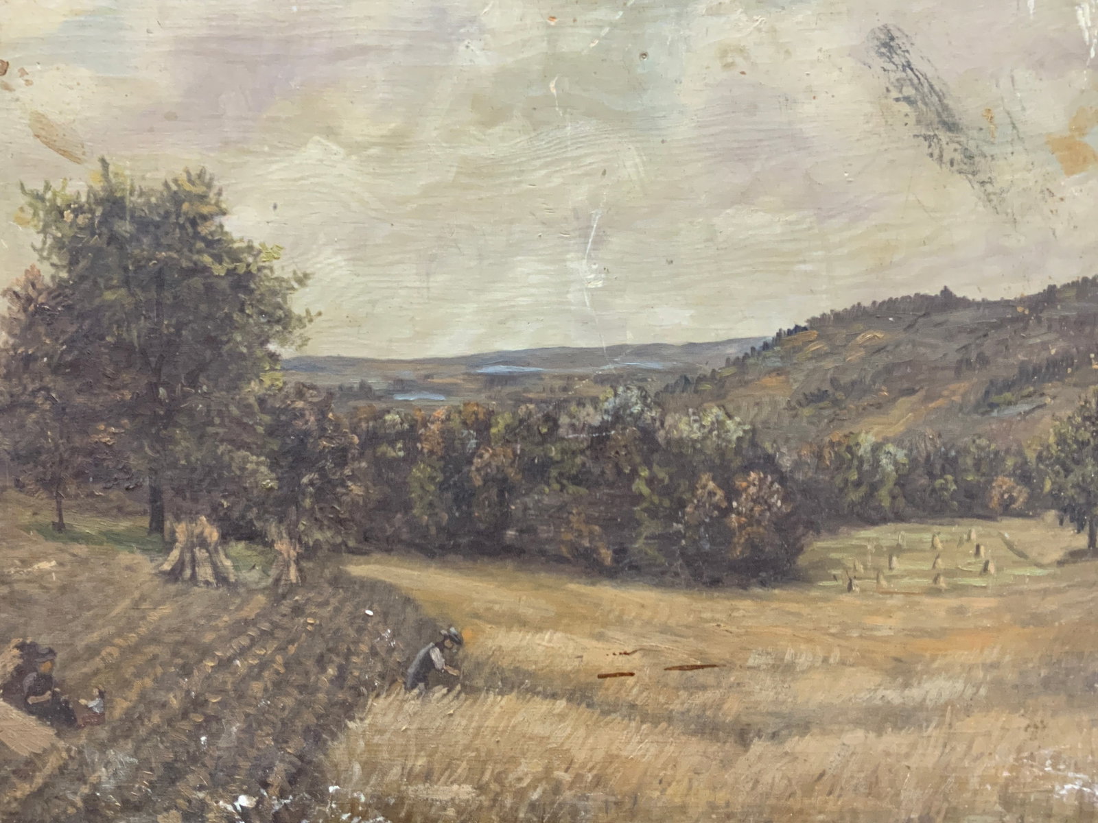 Vntg Landscape Oil Painting On Board 2x3ft XL: Vintage landscape oil painting on board, Depicting farmers tending to fields of wheat against a vast hill scape. No frame, approx 2ft x 3ft. Evident losses to wood throughout the edges and corners and