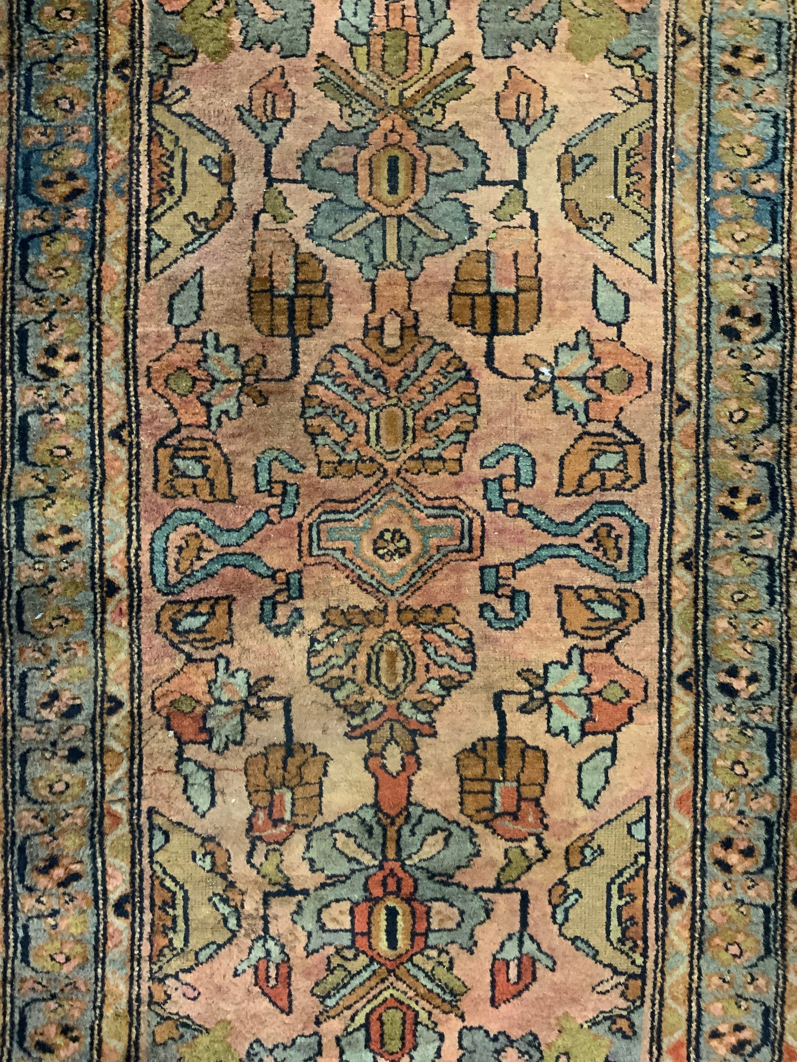 Vintage Handmade Persian Wool Rug: Rug is handmade and wool. Piece has intricate multi toned geometric, floral and leaf detail. Piece is vintage. Rug measures approximately 58 inches long 32 inches wide, Rug, wool rug, handmade rug, ar