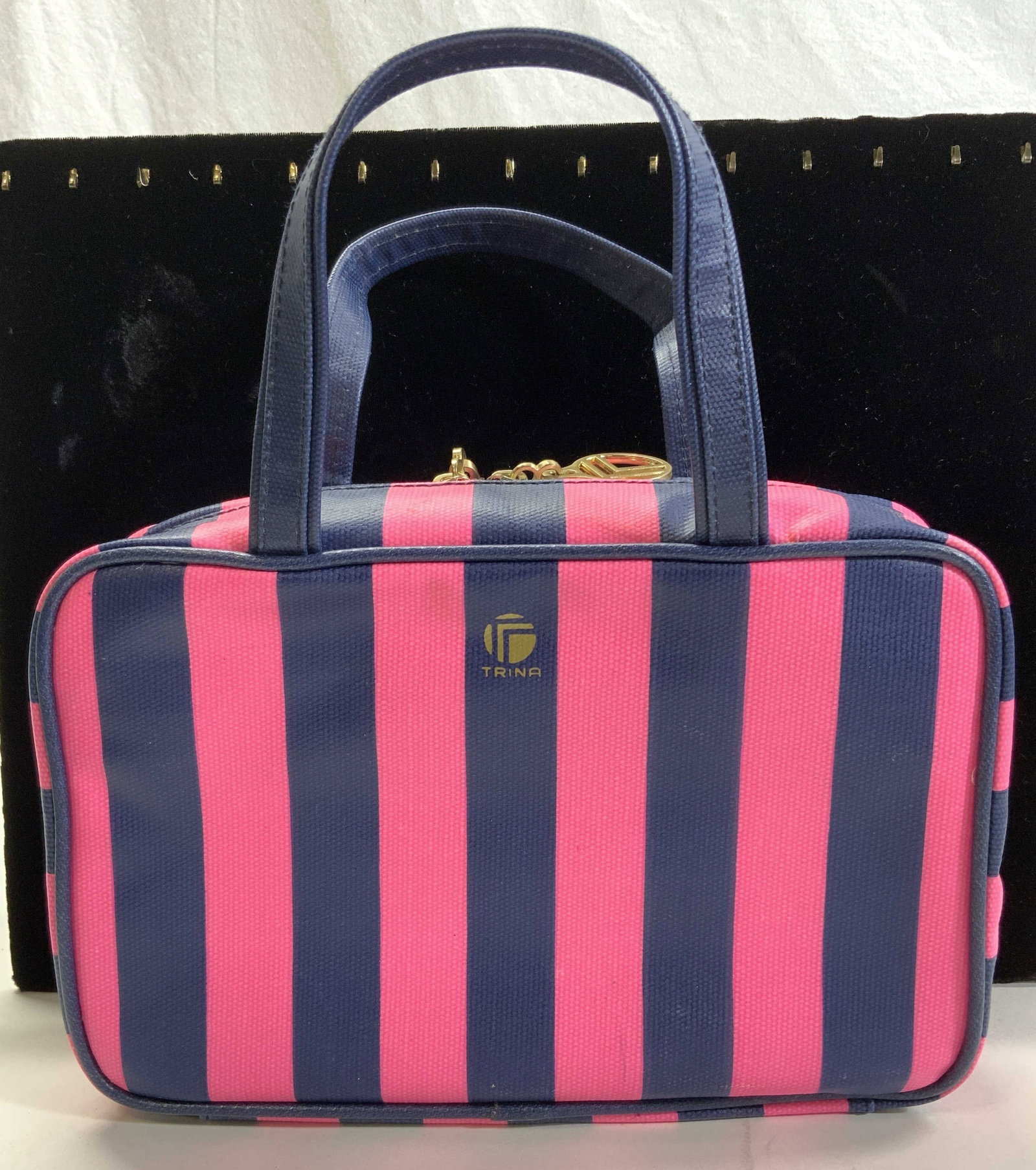 Trina Toiletry Kit Travel Bag with Carry Handles: Trina pics canvas Toiletry/ make - up travel bag with handles. Two zipper pulls. Clear see - though zippered pockets. Removable bag ( 10 x 6 x 1.73 in.) Neon pink and blue. Bag itself does not appear 