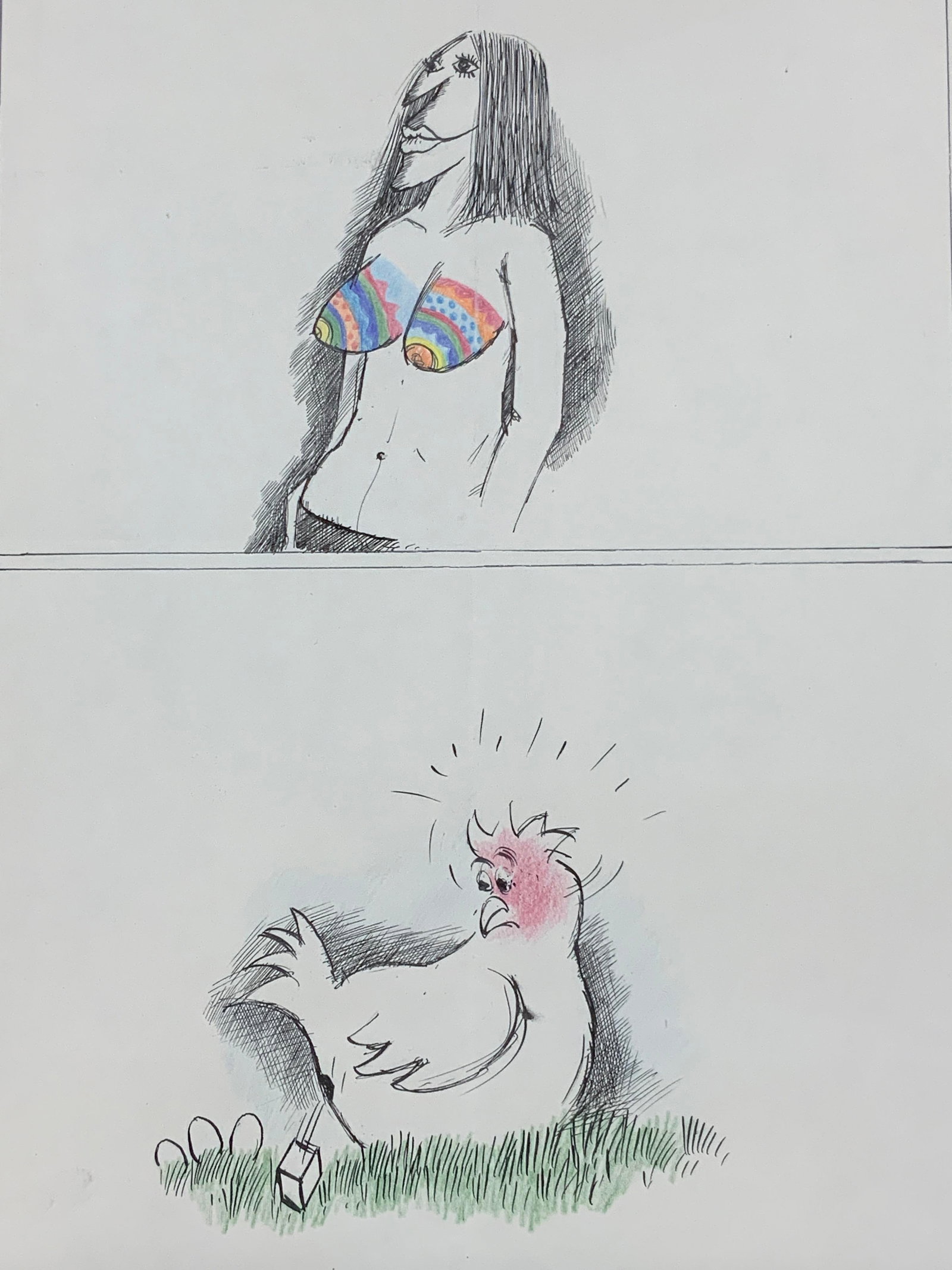 Joachim KUPKE Sgd Easter Comic Illustration: Marked on upper margin in German, To Gwen & Gene, Happy Easter, wishes Joachim KUPKE. Depicts a shirtless woman with her breast painted as Easter eggs and a chicken laying a cube. No frame. Approx 19 
