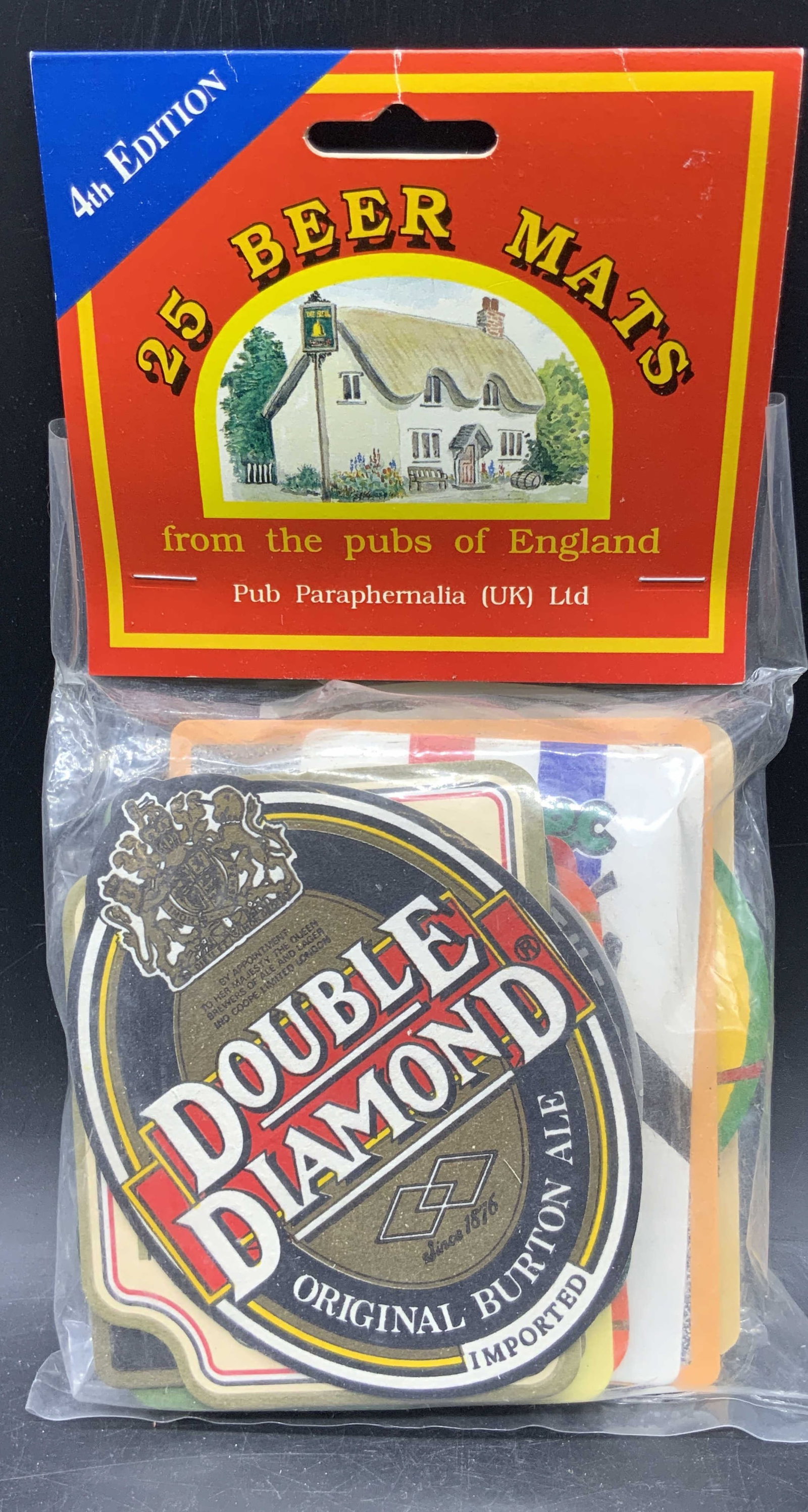 4TH EDITION 25 BEER MATS by Pub Paraphernalia, ENG: Packaging reads 4TH EDITION 25 BEER MATS, From The Pubs of England, Pub Paraphernalia Ltd. Packaging is sealed, mats are not examined out of packaging. Package measures approx. 10L x 6W in. Some surfa
