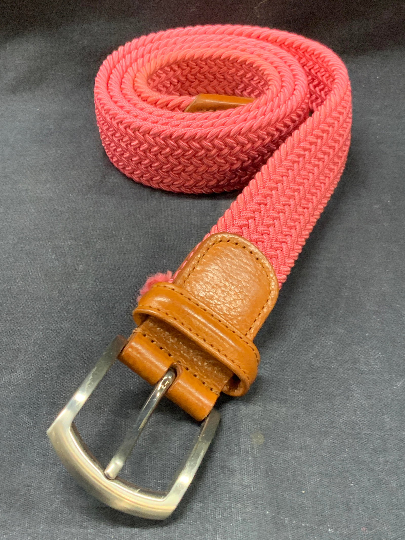 Anderson Paracord & Leather Belt, Italy: Pink toned Paracord woven belt with leather tips and silver buckles. Marked Anderson, made in Italy. Approx 40 inches long and 1.5 inches wide Minor wearing to belt due to previous use. Paracord belt.